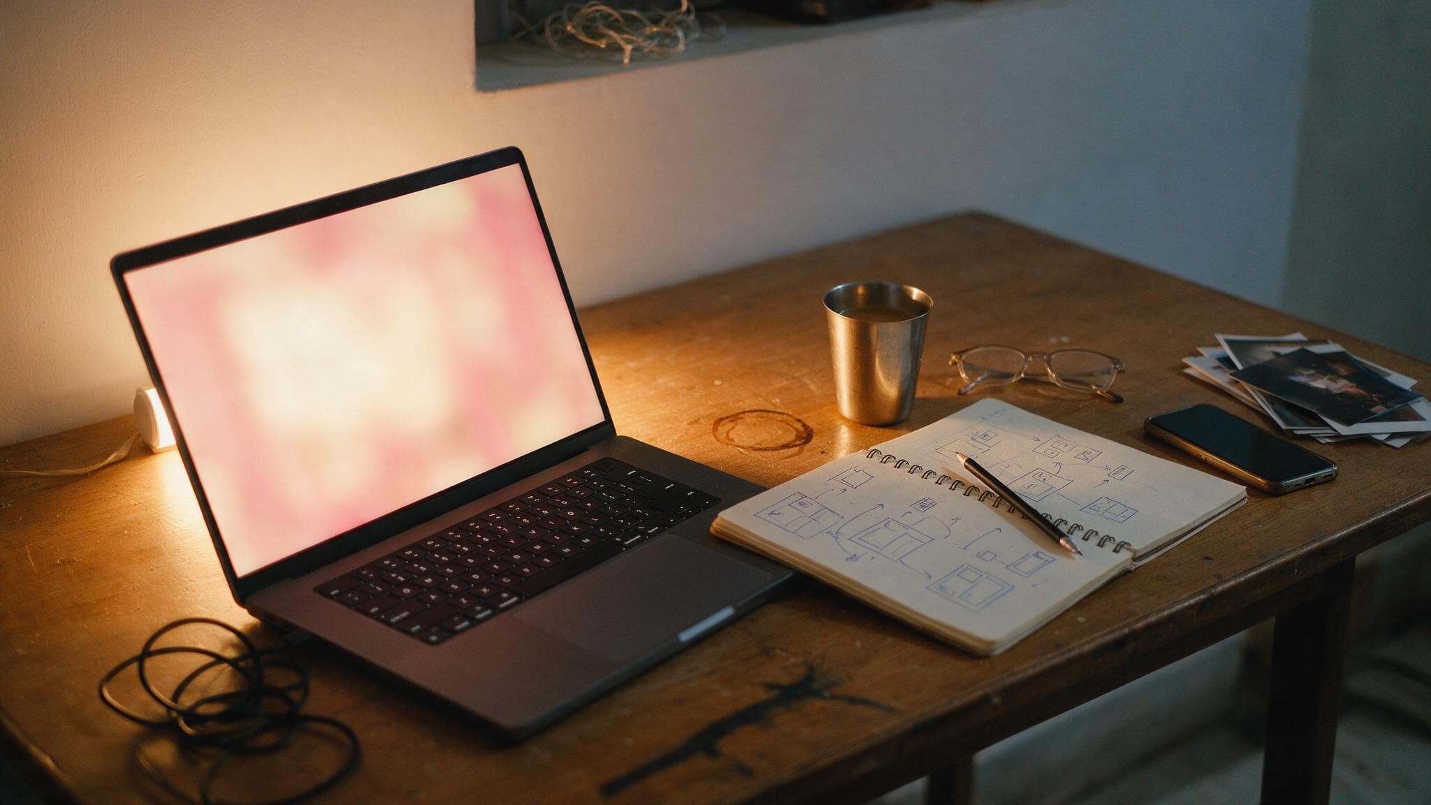 A desk in the evening with a laptop, a notebook of layout sketches, a steel tumbler of tea and a stack of printed photographs