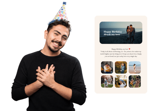 A touched man holding his hands to his chest beside his birthday page
