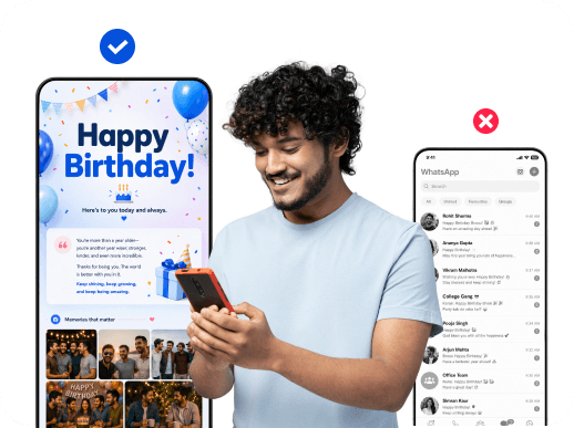 A man smiling at a page made for him on his phone, next to a crowded WhatsApp chat
