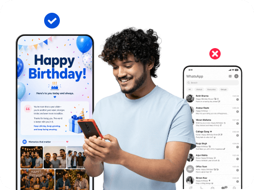 A man smiling at a birthday page on his phone, next to a crowded WhatsApp chat