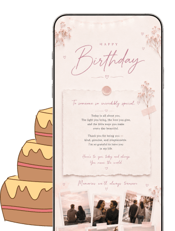 A birthday page shown on a phone next to an illustrated cake