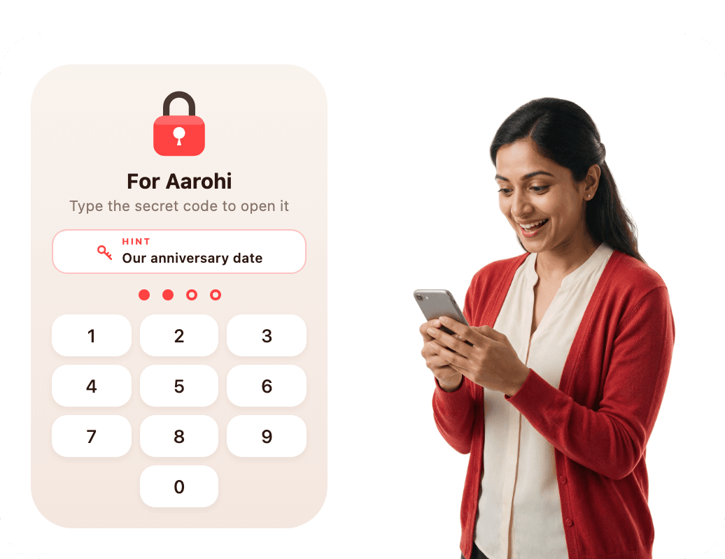 A woman smiling at her phone beside a page asking for its secret code before it opens