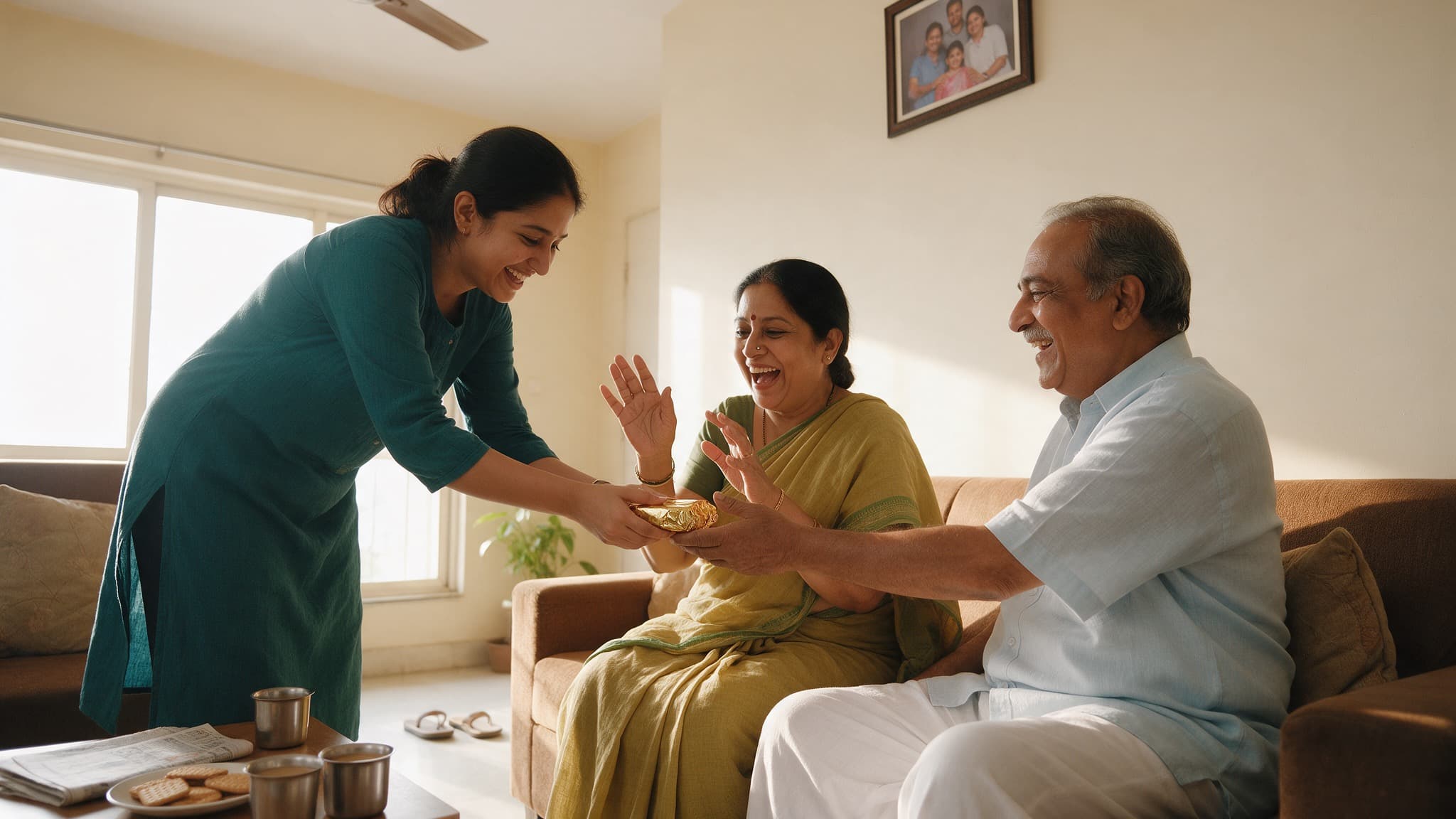A daughter handing a small wrapped parcel to her parents on the sofa at home