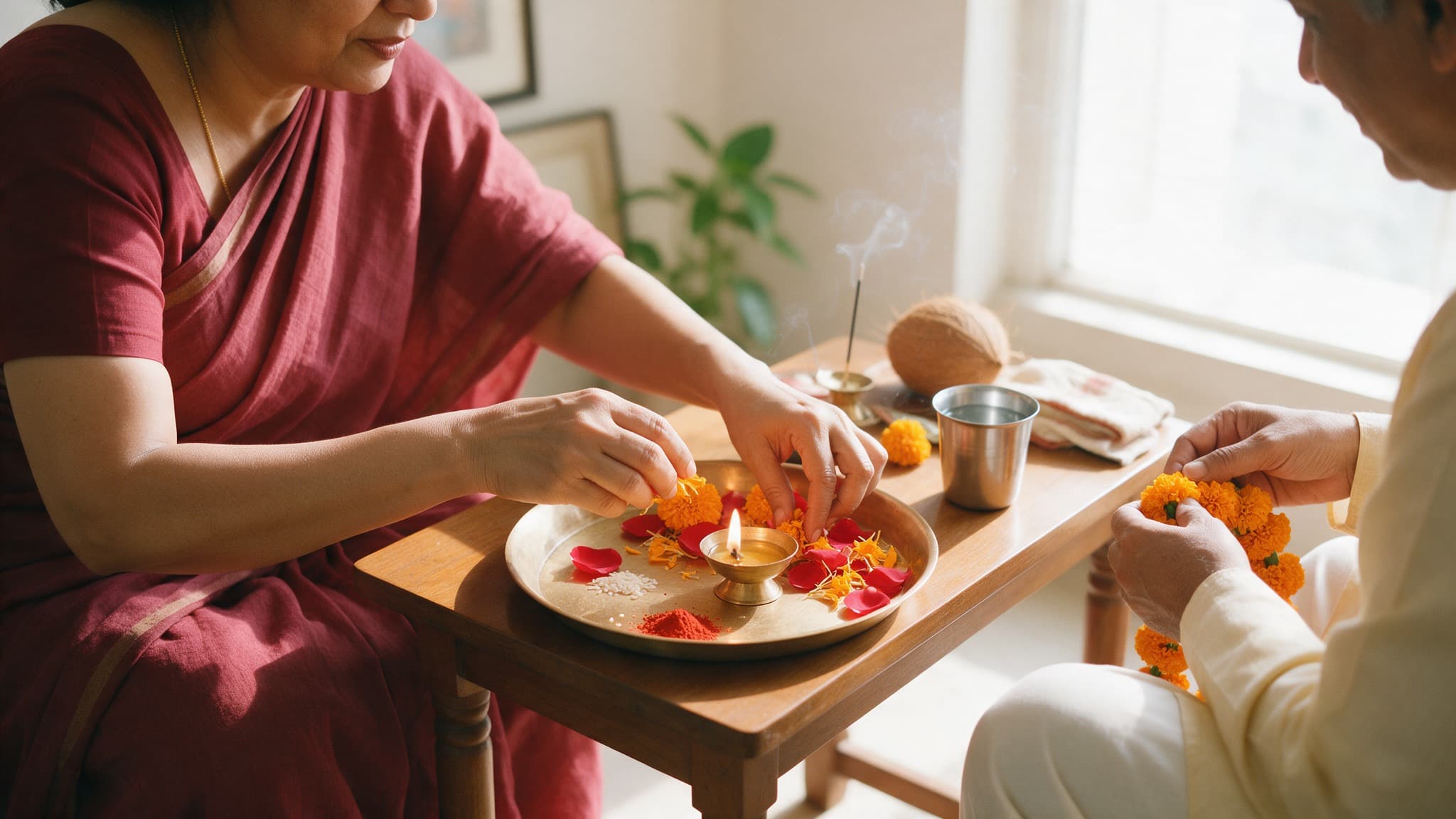A brass thali with a lit diya and marigold petals being laid out for an anniversary puja at home