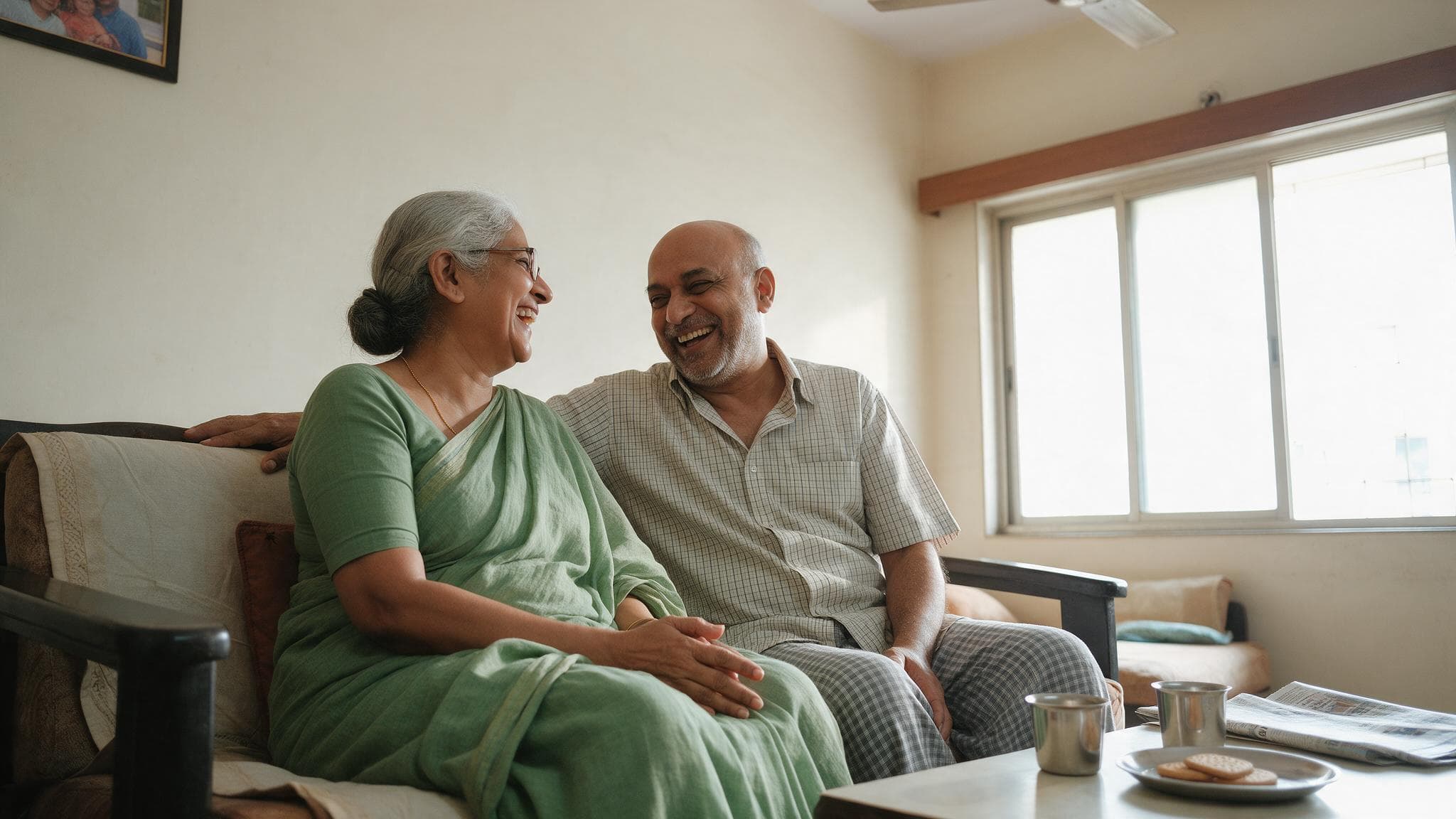 An older Indian couple sitting together on a sofa at home in warm afternoon light
