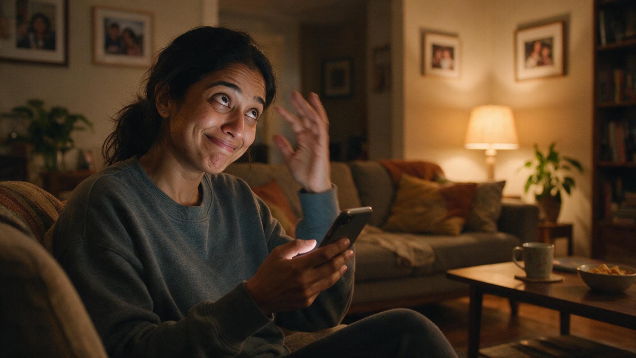 A woman on a sofa in a warmly lit living room wincing at her phone, hand half raised, realising she has missed a birthday