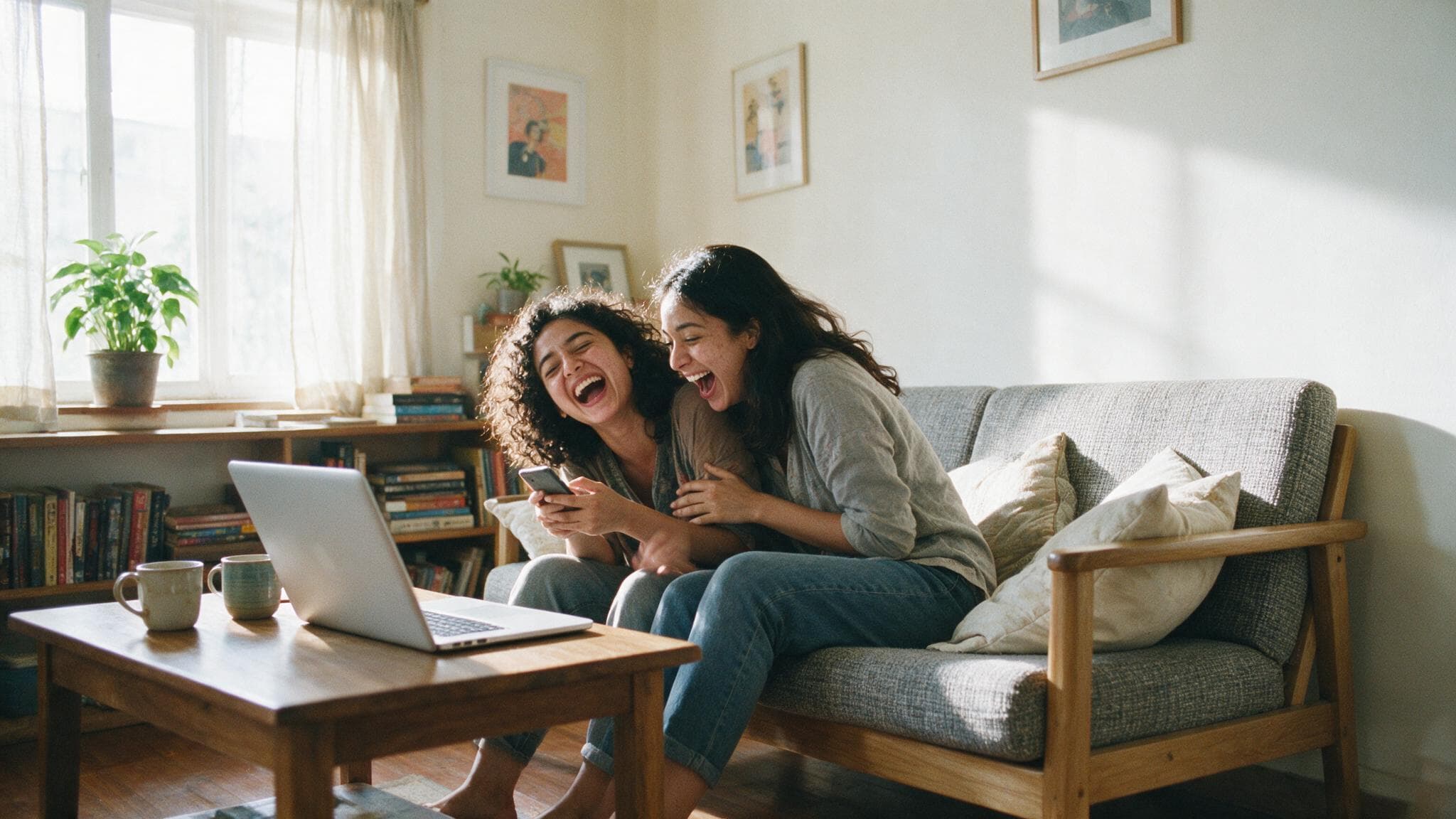 Two young women laughing together on a sofa at something on a phone in a sunlit living room