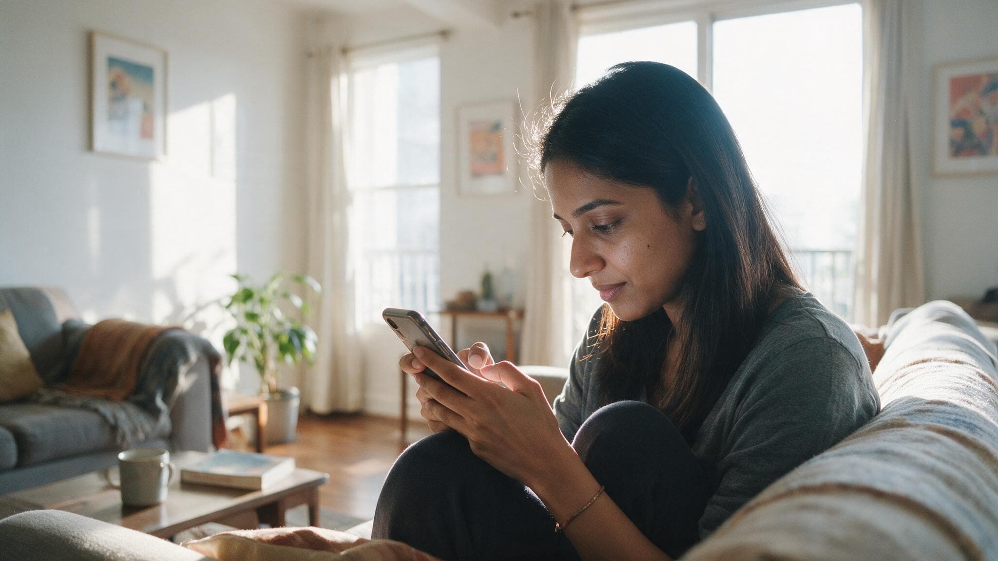 A young woman on a sofa in bright daylight writing a long message on her phone