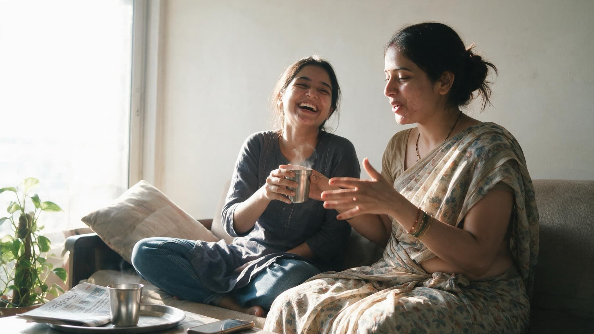 A young woman and her bhabhi laughing together over tea in a bright Indian living room