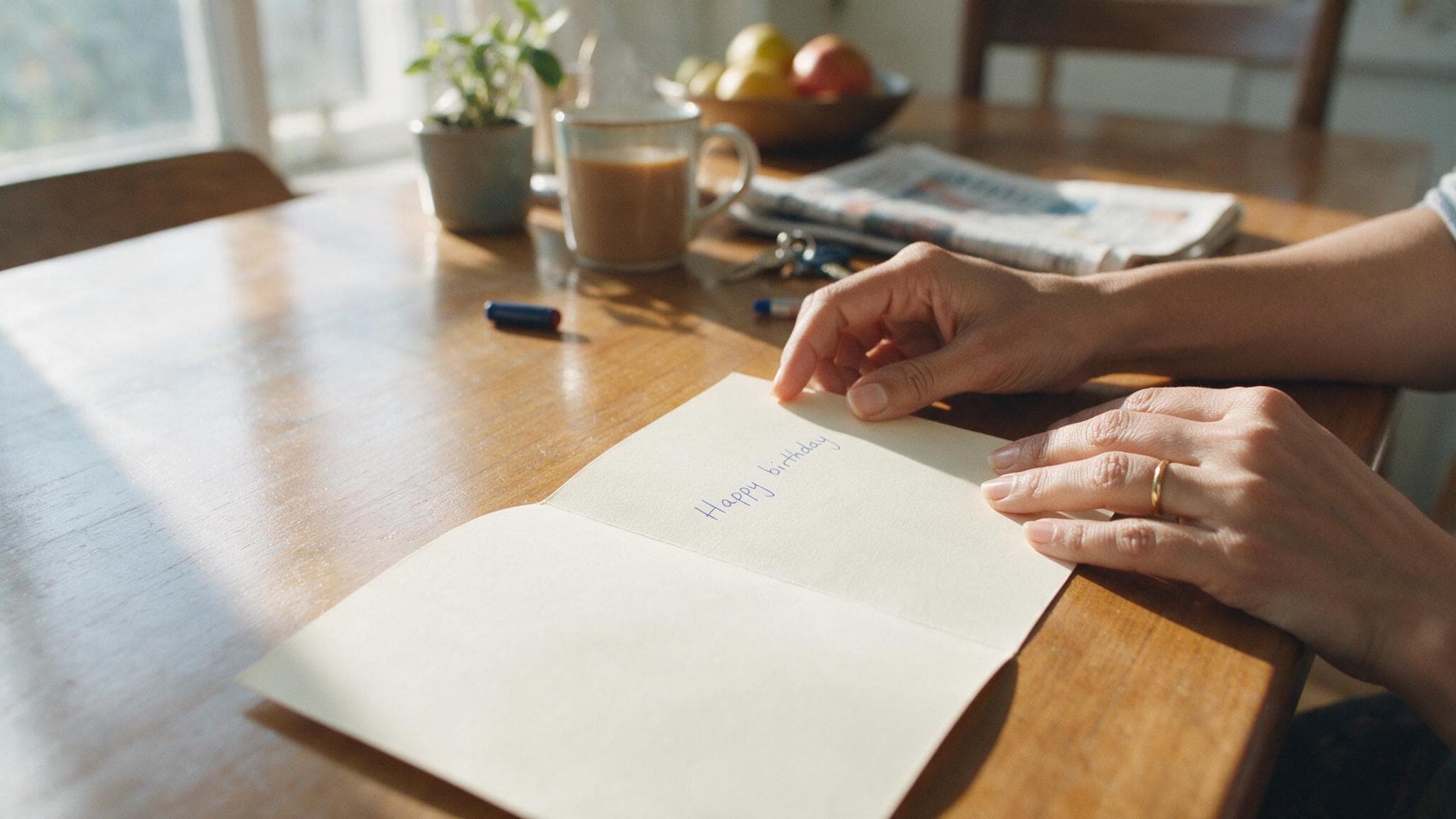 Hands writing Happy birthday in blue ballpoint inside an open cream card on a dining table in afternoon light