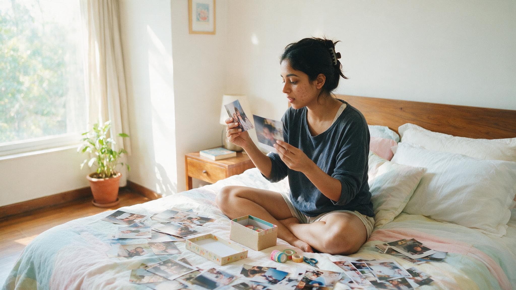 A young woman sitting cross-legged on a bed sorting printed photographs into a gift box in morning light