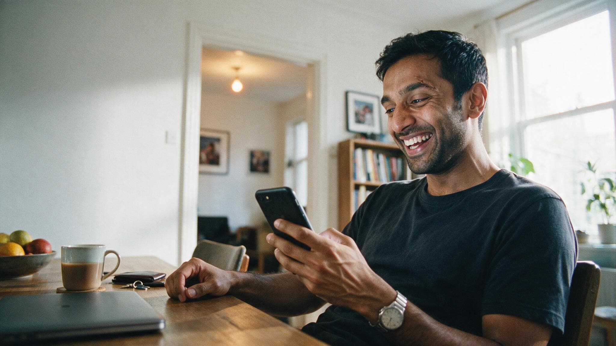 A young man at a sunlit dining table grinning at a birthday message on his phone