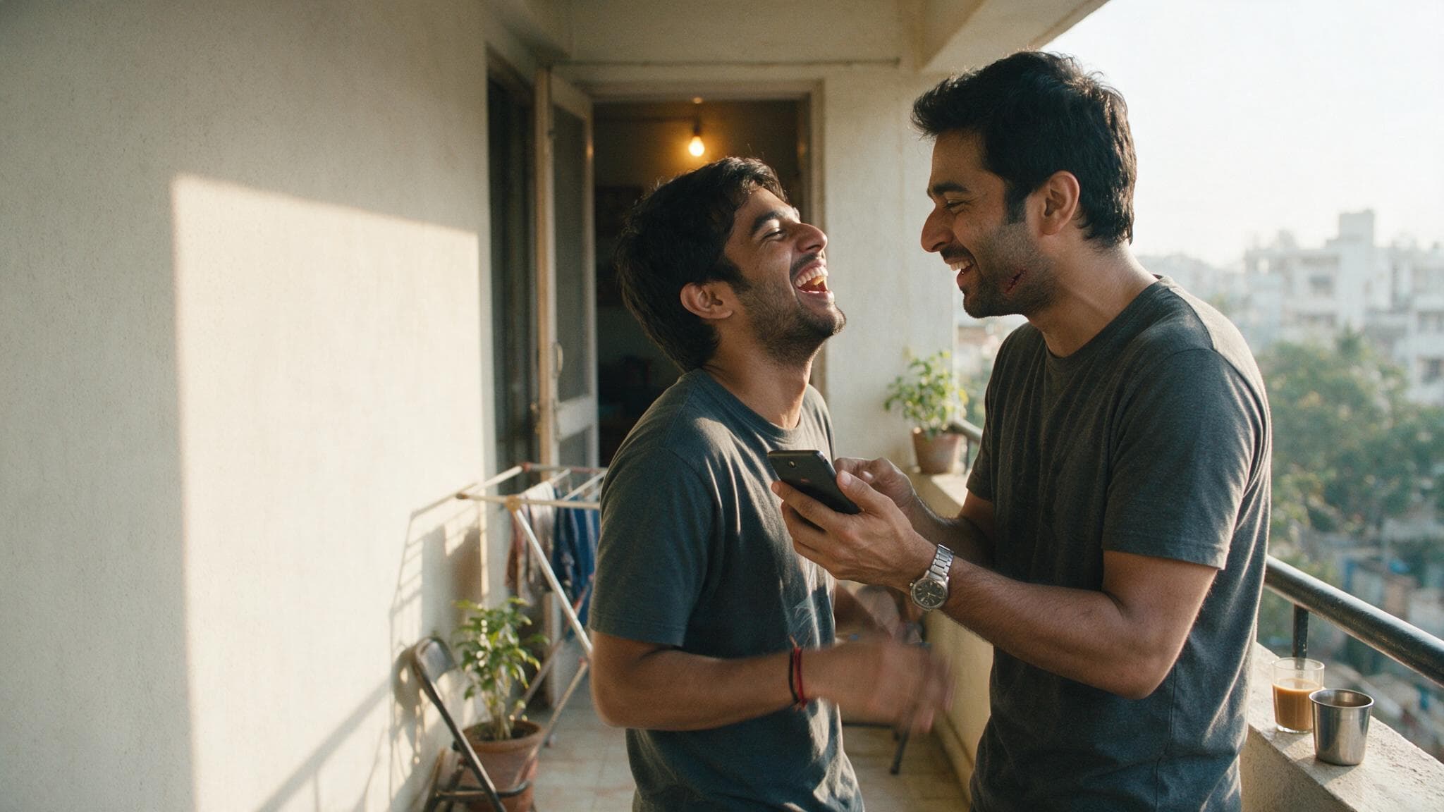 Two brothers laughing on a sunlit balcony, one showing the other something on his phone