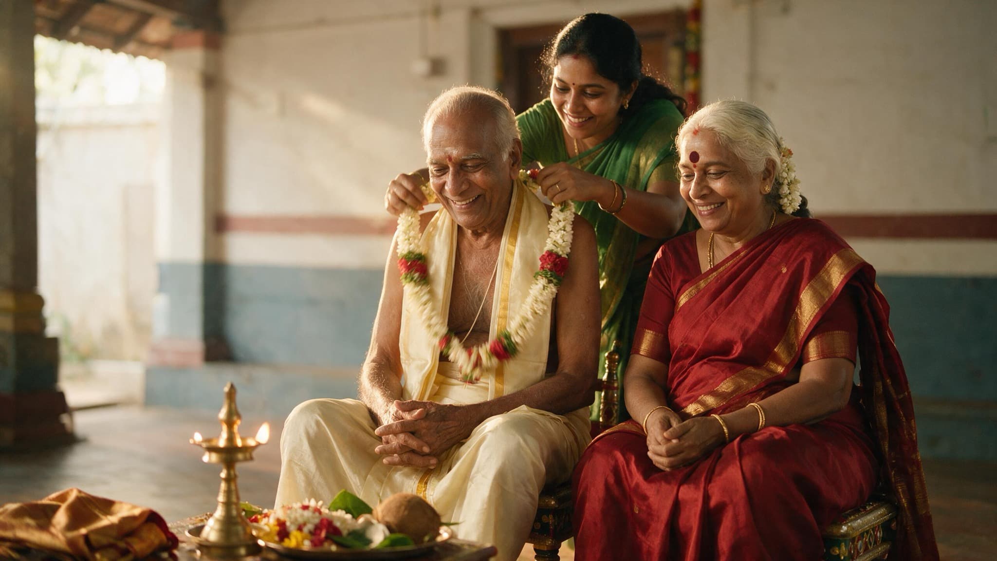 An elderly Indian couple seated together at a family ceremony while a younger relative garlands them