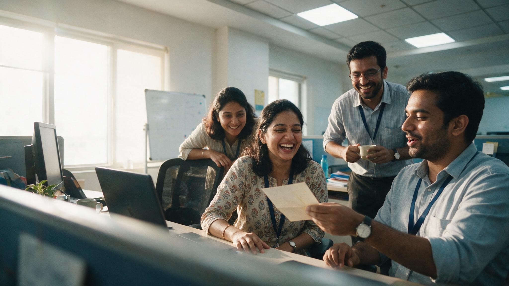 Four colleagues gathered at one desk in a sunlit office, passing a card to a woman who is laughing