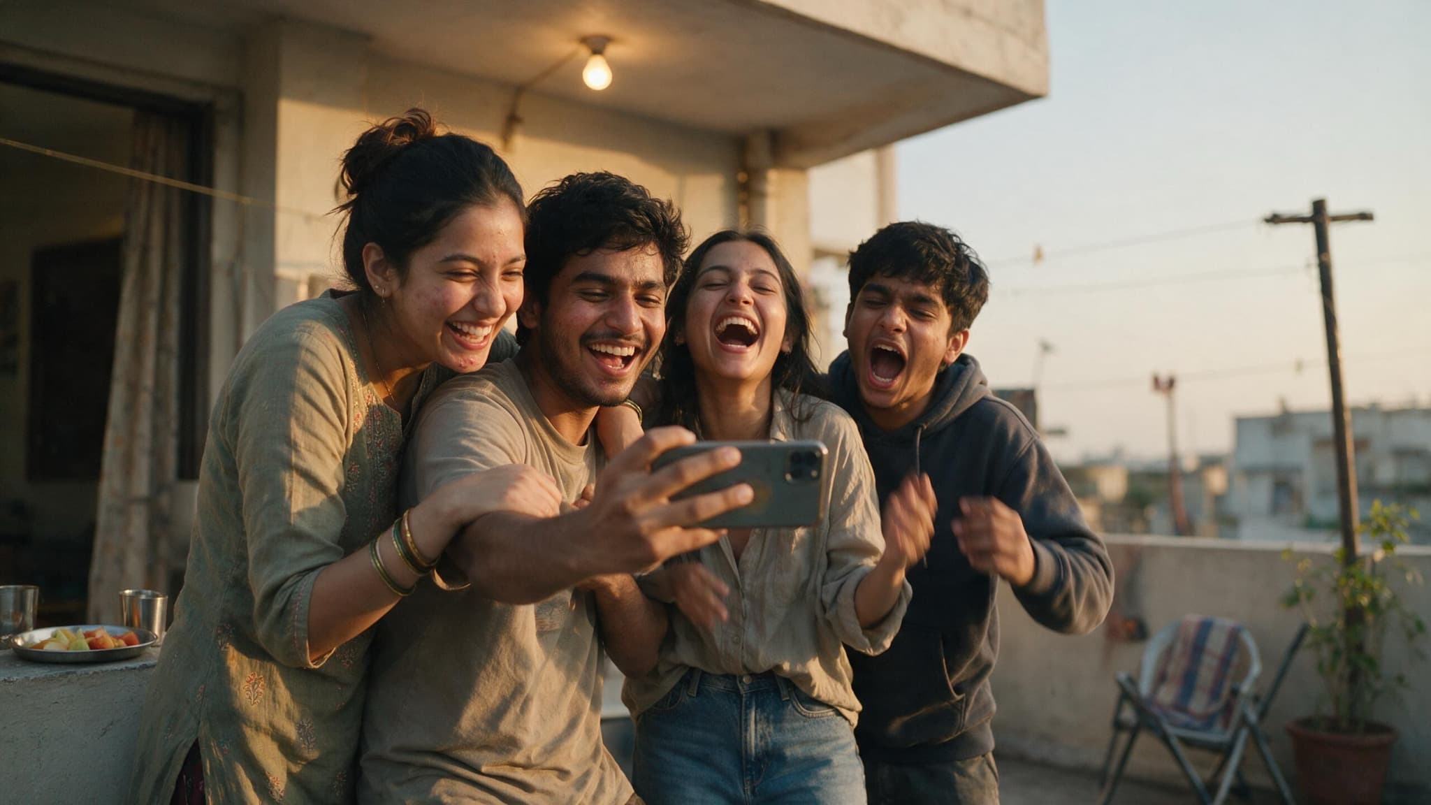Four Indian cousins in their twenties crowded together on a terrace at dusk, laughing at a phone