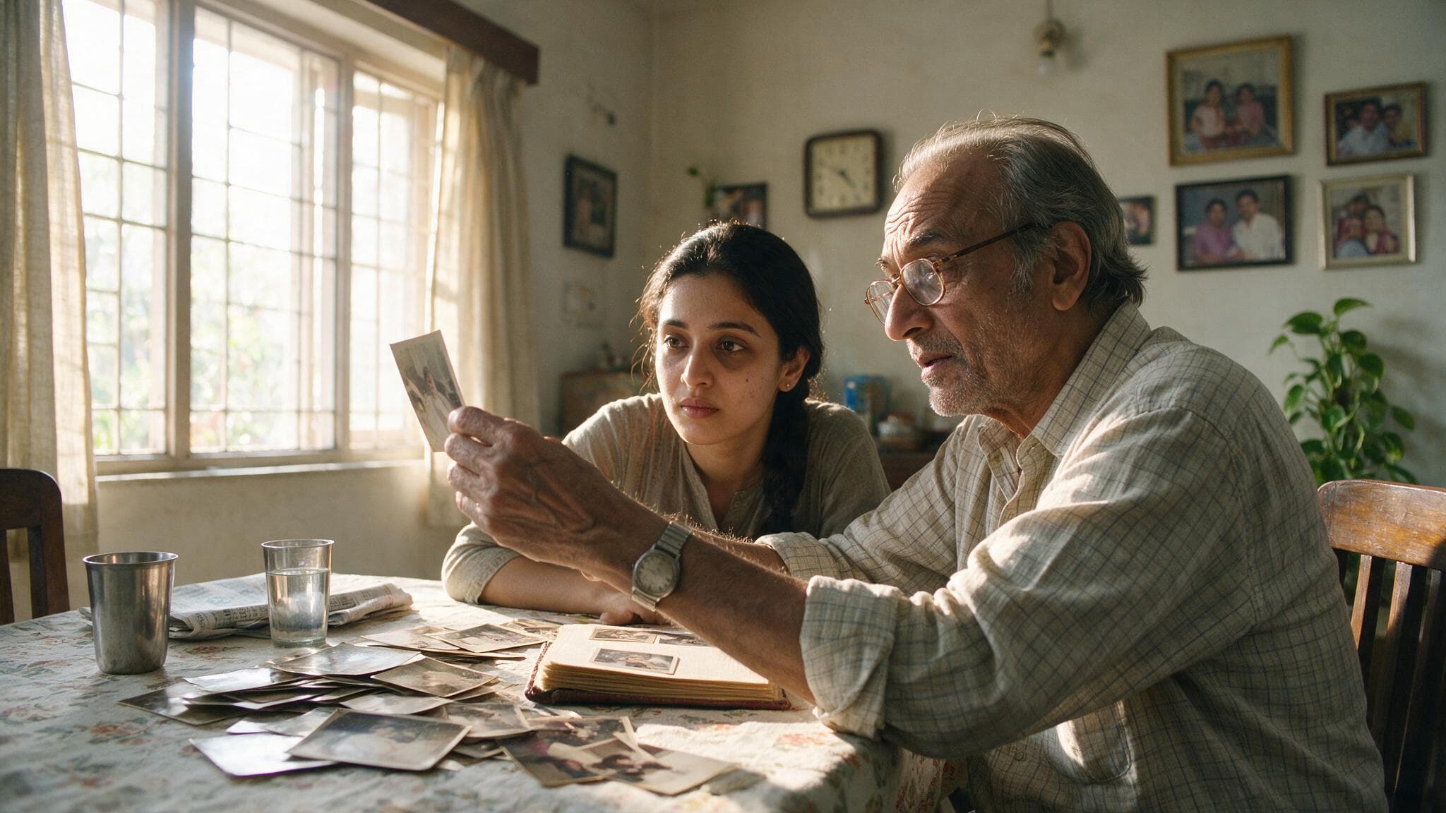 An older man holding an old family photograph up to the light at a sunlit dining table, his adult daughter watching his face
