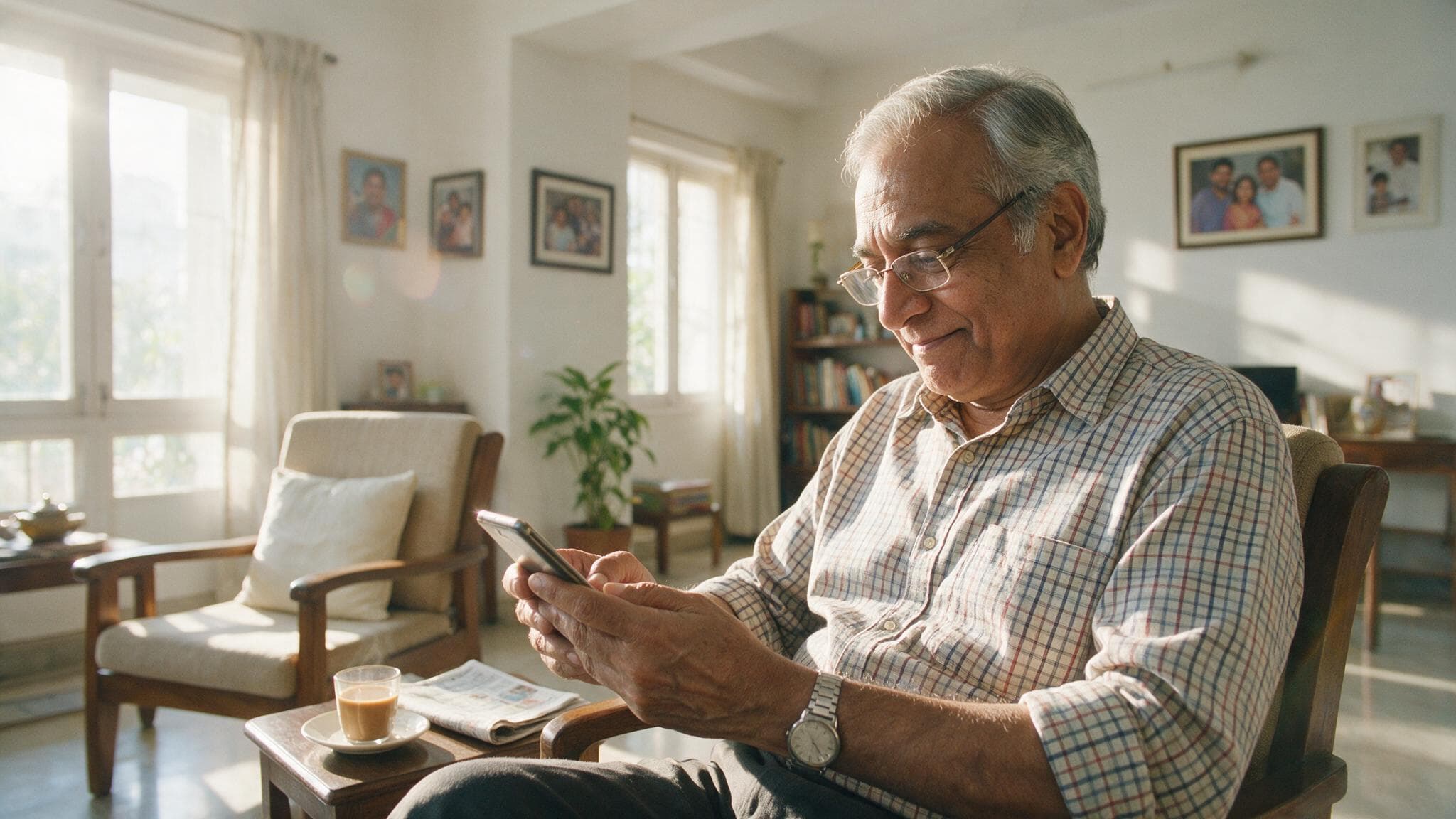 An older man in reading glasses holding a phone in a bright living room, quietly moved