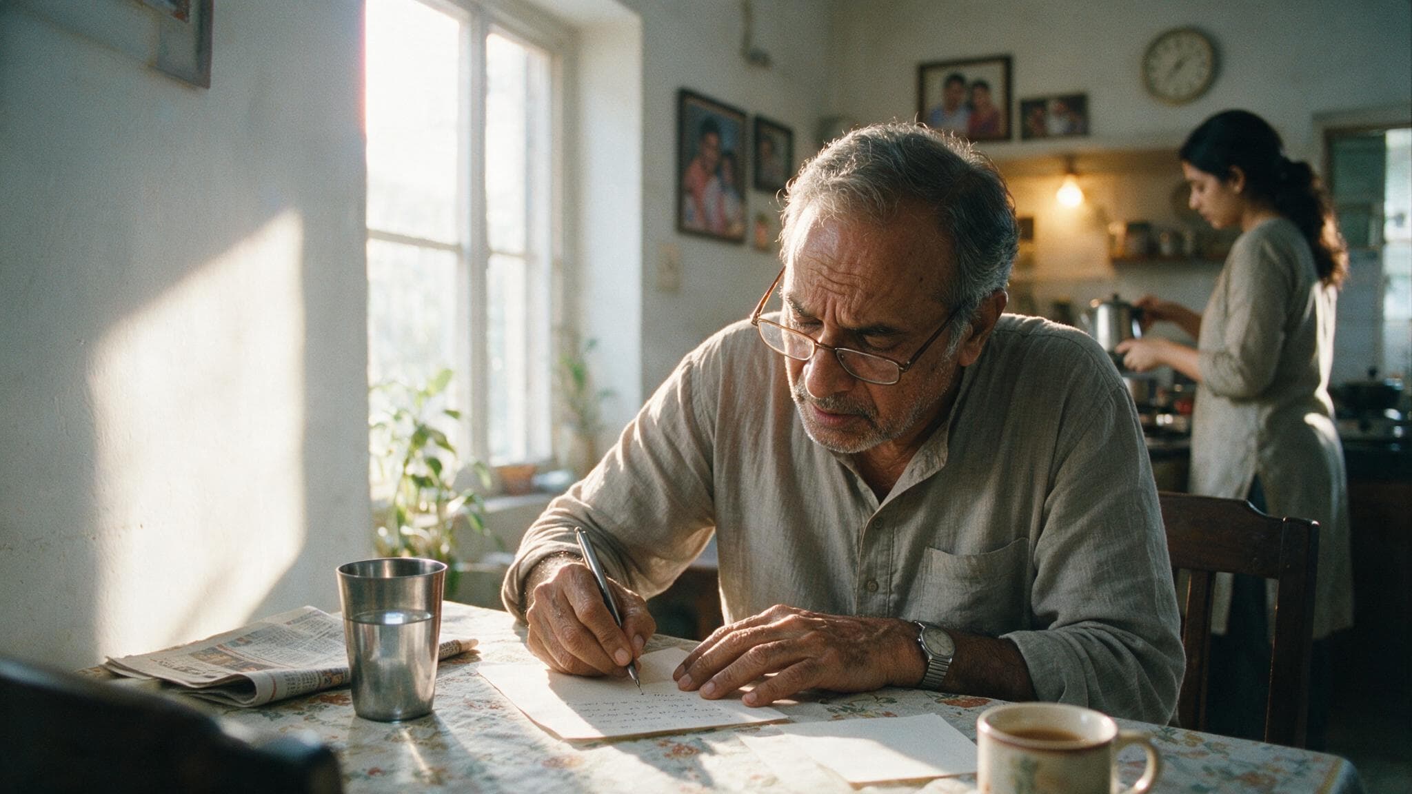 A father writing a letter by hand at a sunlit dining table, his adult daughter making tea in the background