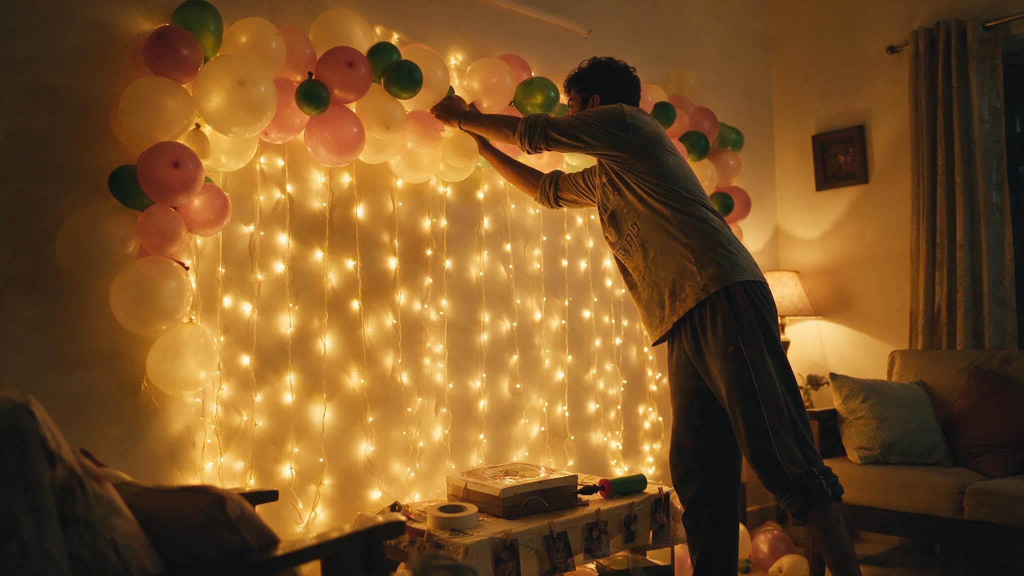 One wall of an Indian living room decorated with balloons and warm fairy lights, lit by a lamp rather than a ceiling tube