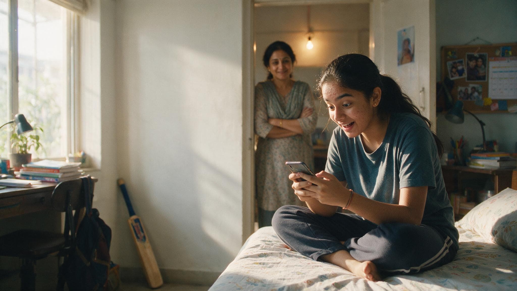 A teenager sitting cross-legged on her bed reading something on her phone while her mother watches from the doorway