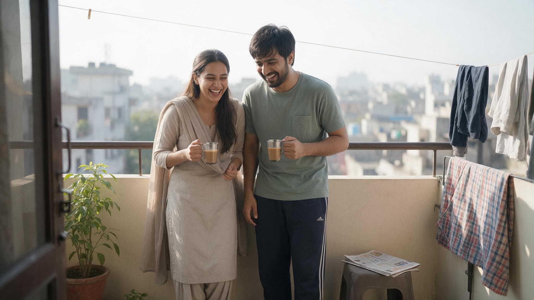 A young Indian couple laughing together on a balcony in the early morning