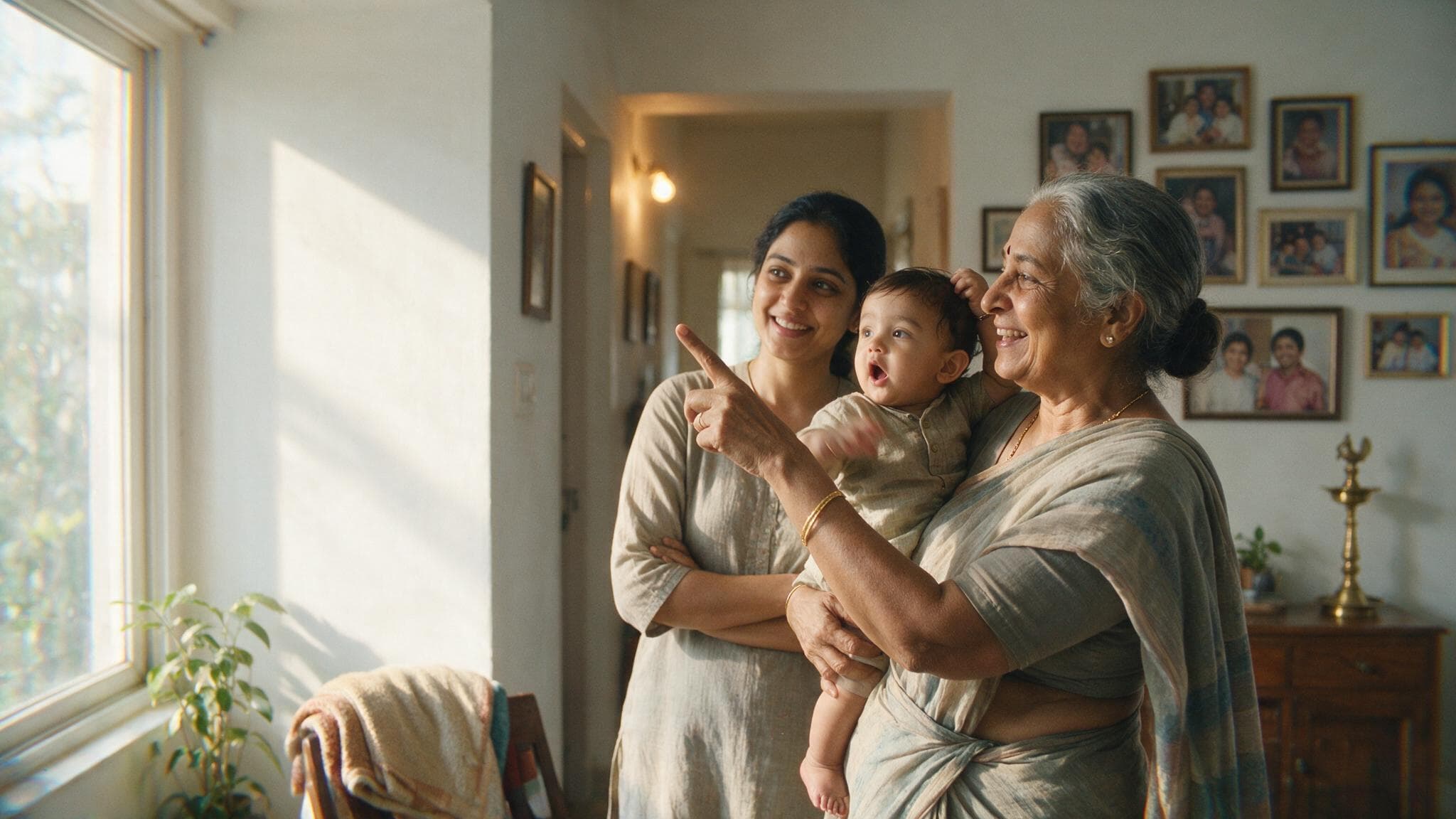 A grandmother holding a one year old up to a wall of family photographs while the child's mother watches