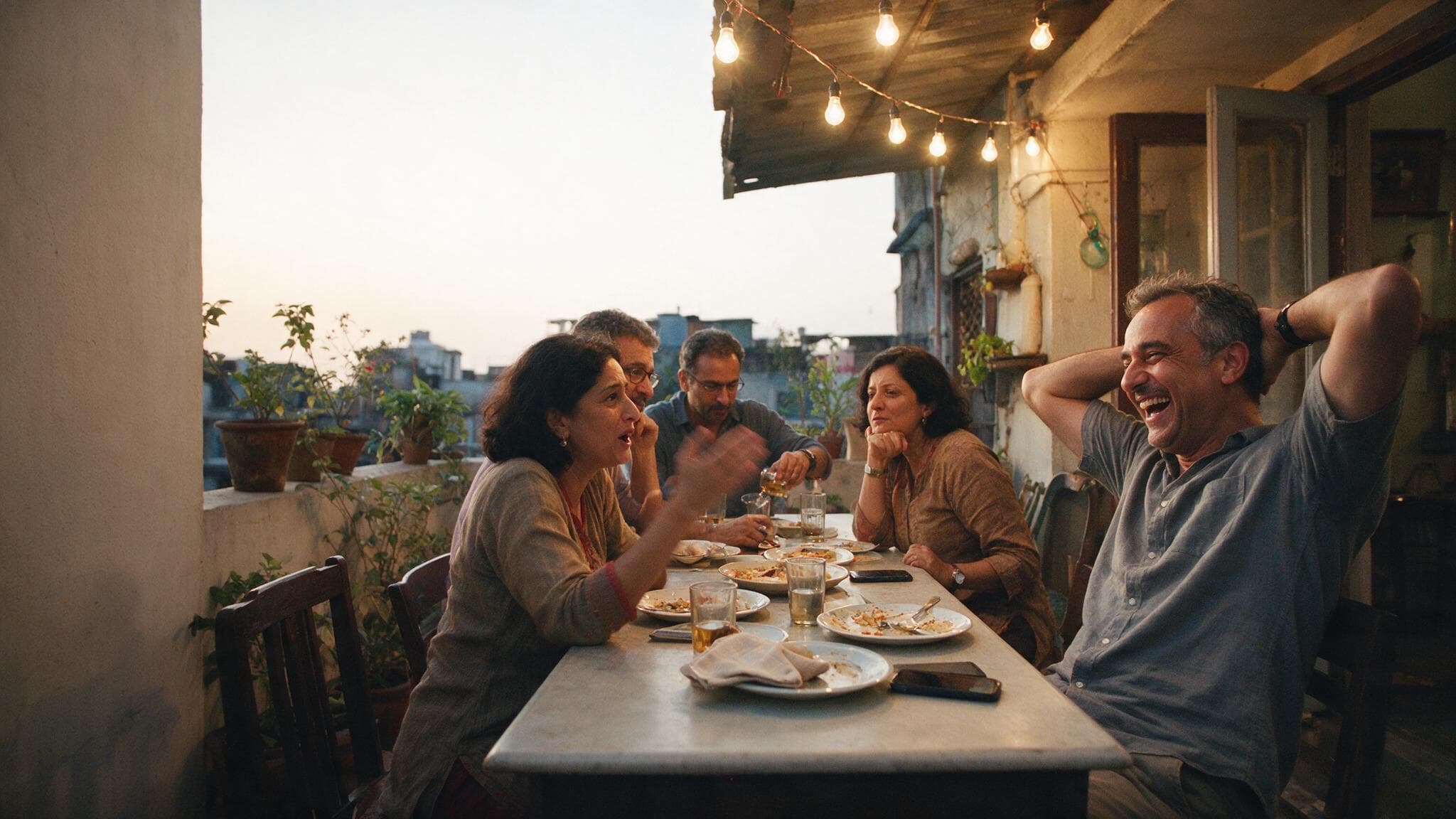Five friends in their forties around a terrace table at dusk, mid-conversation under string lights