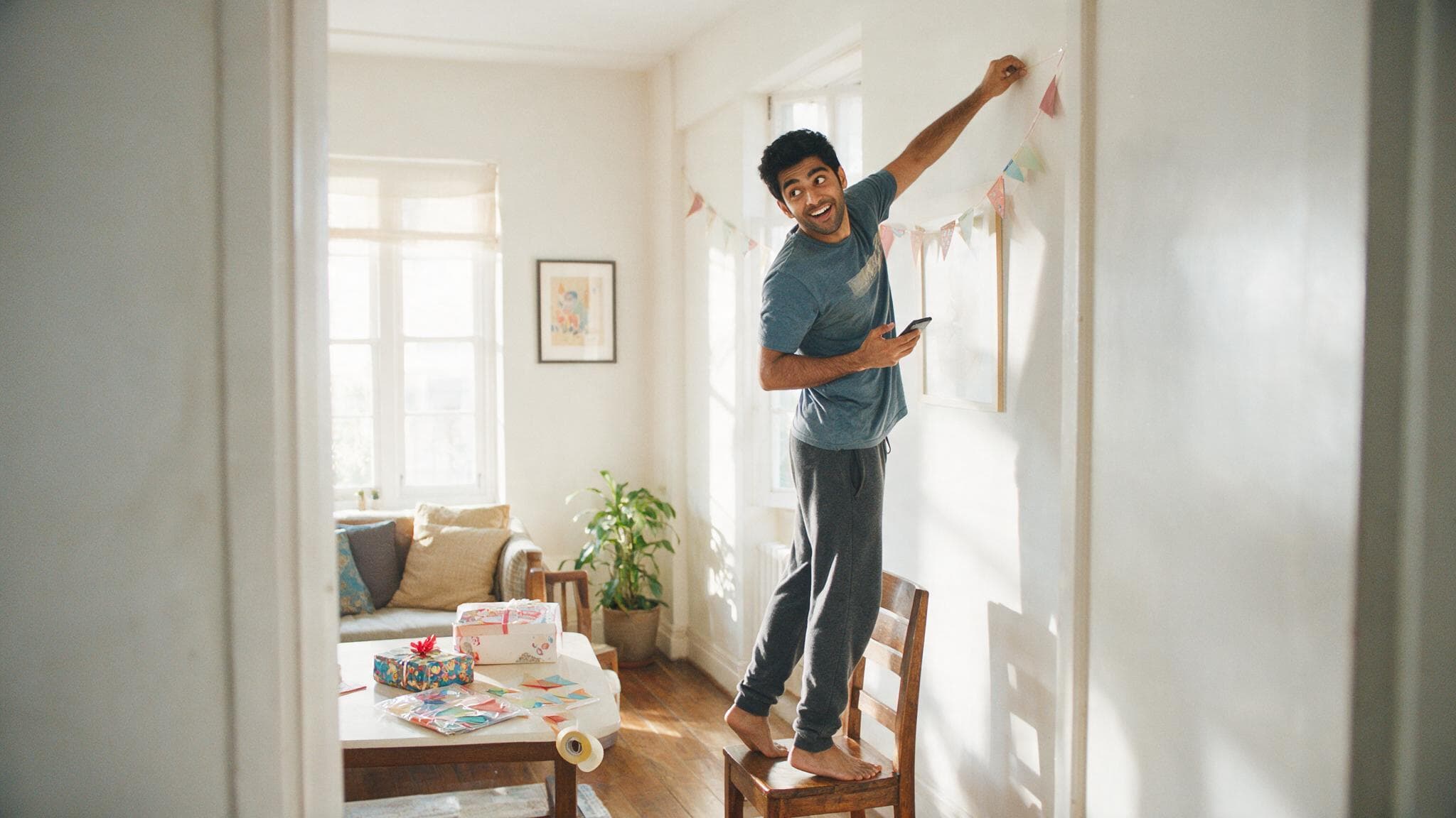 A young man on a chair taping paper flags to the wall while setting up a birthday surprise