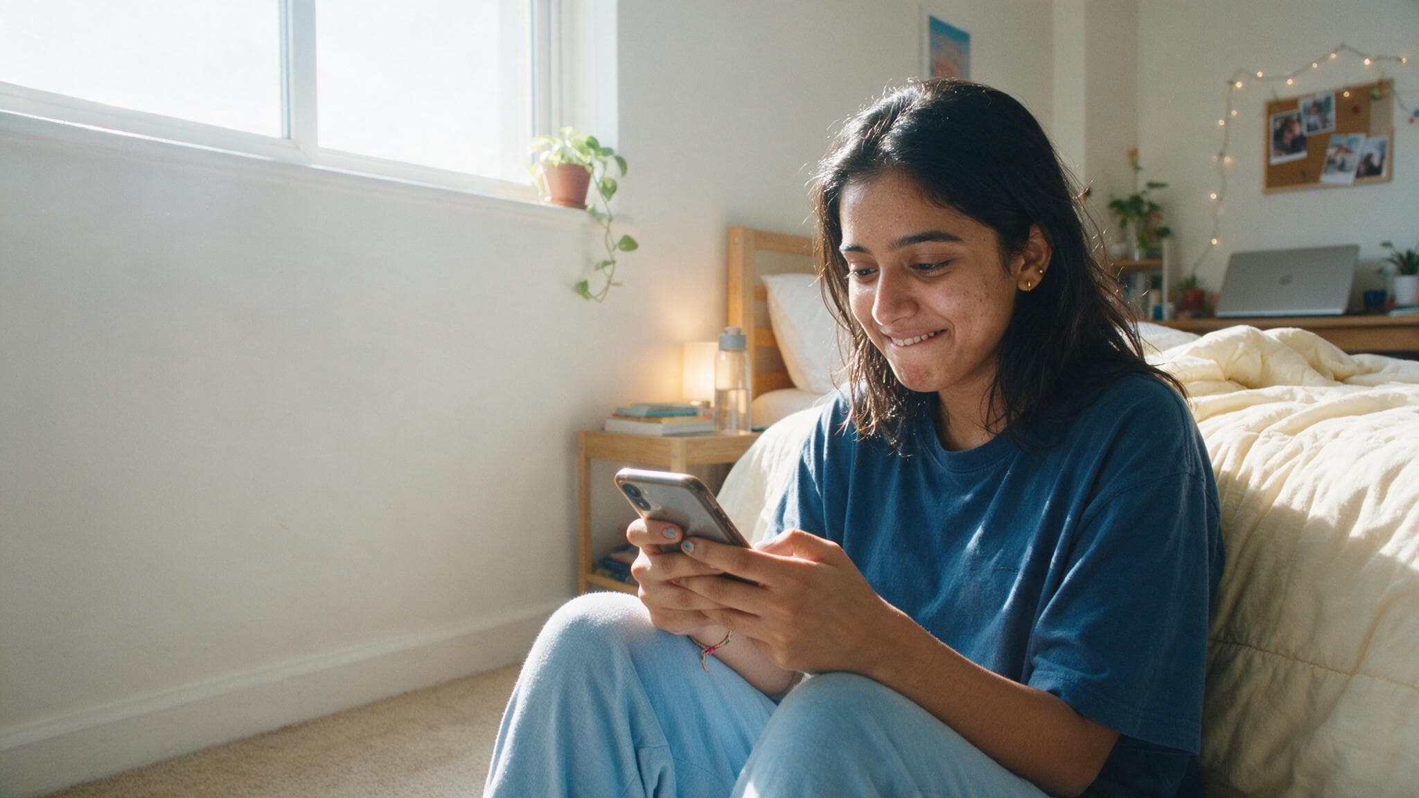 A young woman sitting on her bedroom floor in bright morning light, smiling at a long birthday message on her phone