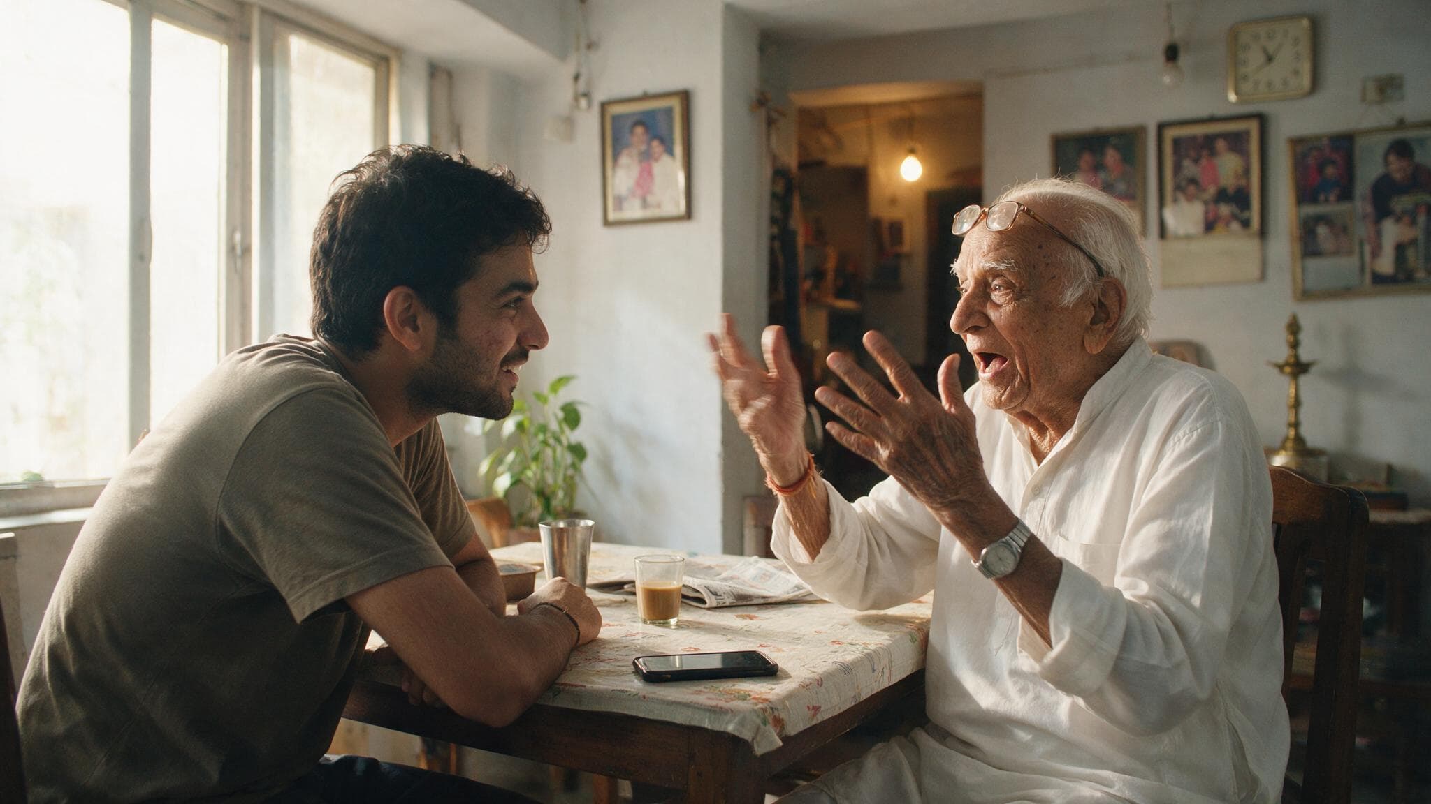 An elderly man mid-story with both hands raised while his grandson listens, a phone recording on the table