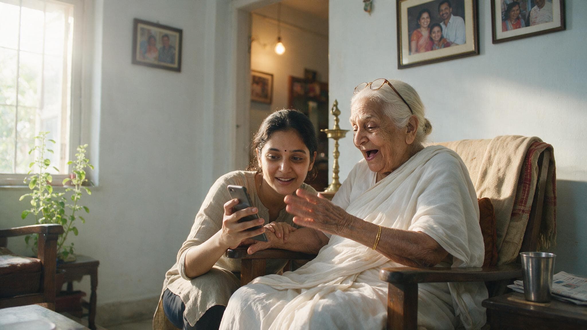 A grandmother in her armchair delighted at something her granddaughter is showing her on a phone