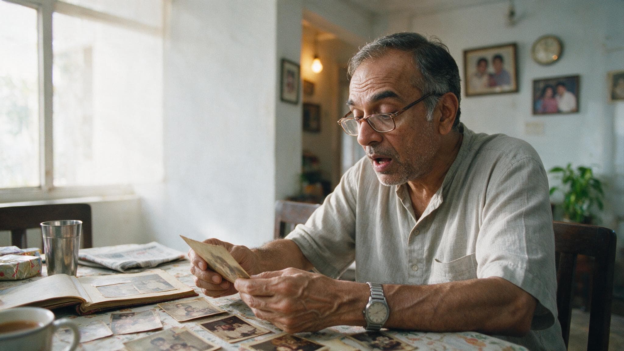 A man at a dining table absorbed in a spread of old restored family photographs, an unopened gift ignored beside him