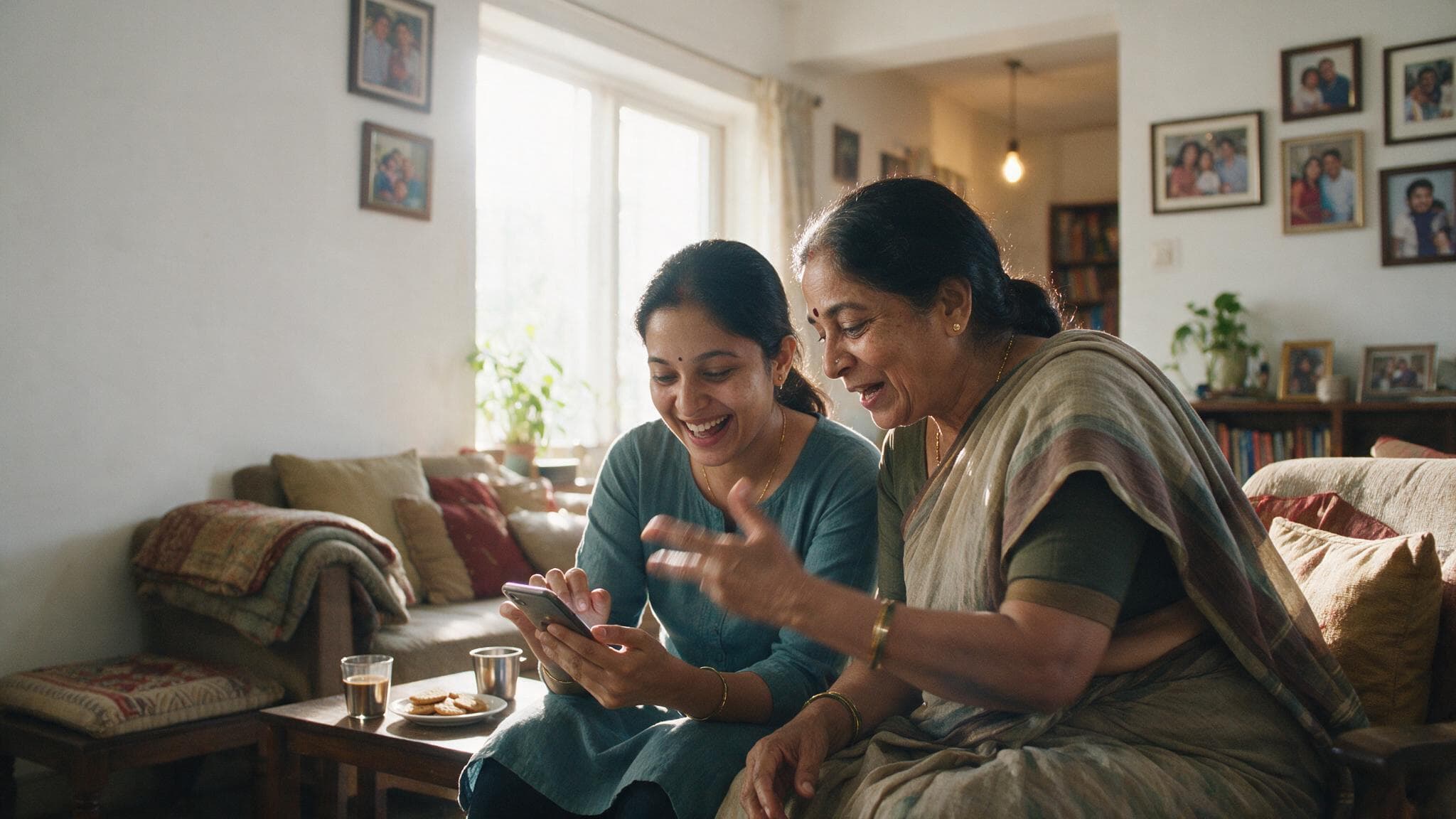 A mother and her adult daughter on a sofa composing a birthday message together, the mother dictating