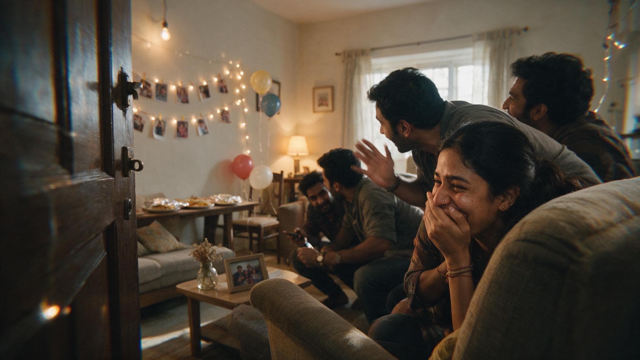 Friends crouched behind a sofa in a decorated living room, waiting for the door to open