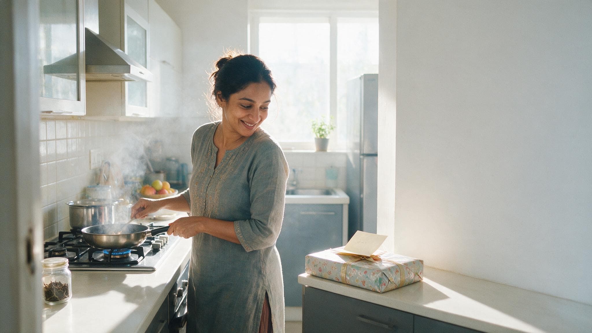 A woman at a gas stove early in the morning glancing at a wrapped gift and a folded note on the counter