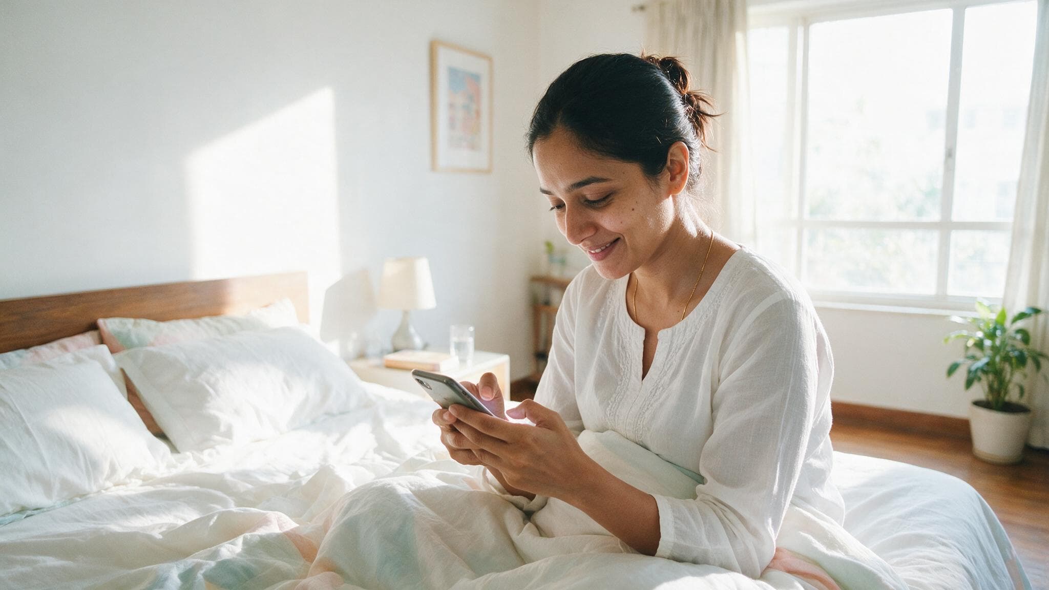 A woman sitting up in bed in bright morning light, writing a long birthday message on her phone