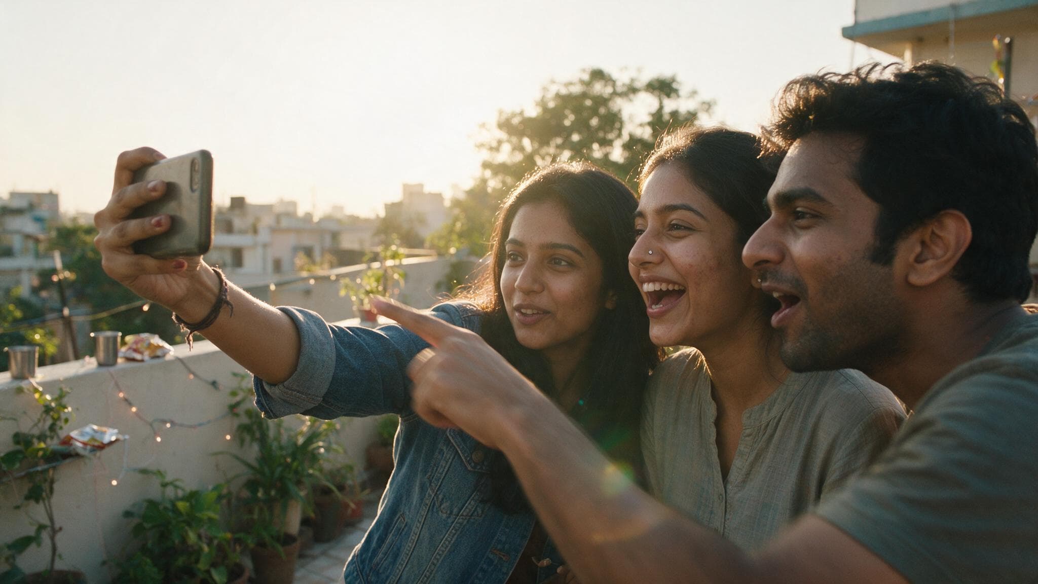 Three friends on a rooftop at golden hour crowding around one phone, arguing about which photo to post