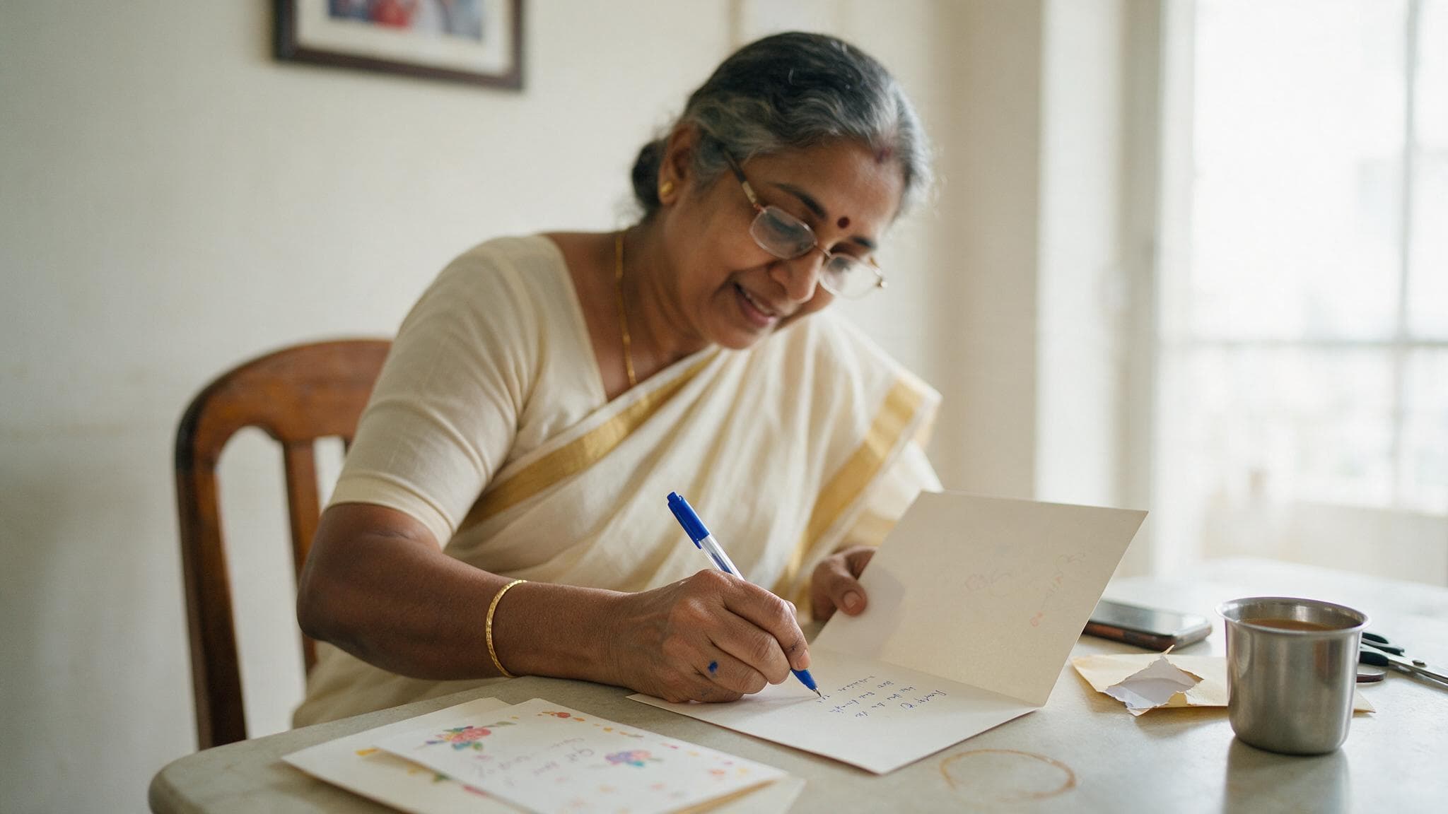 A birthday card being written by hand at a bright kitchen table in an Indian home