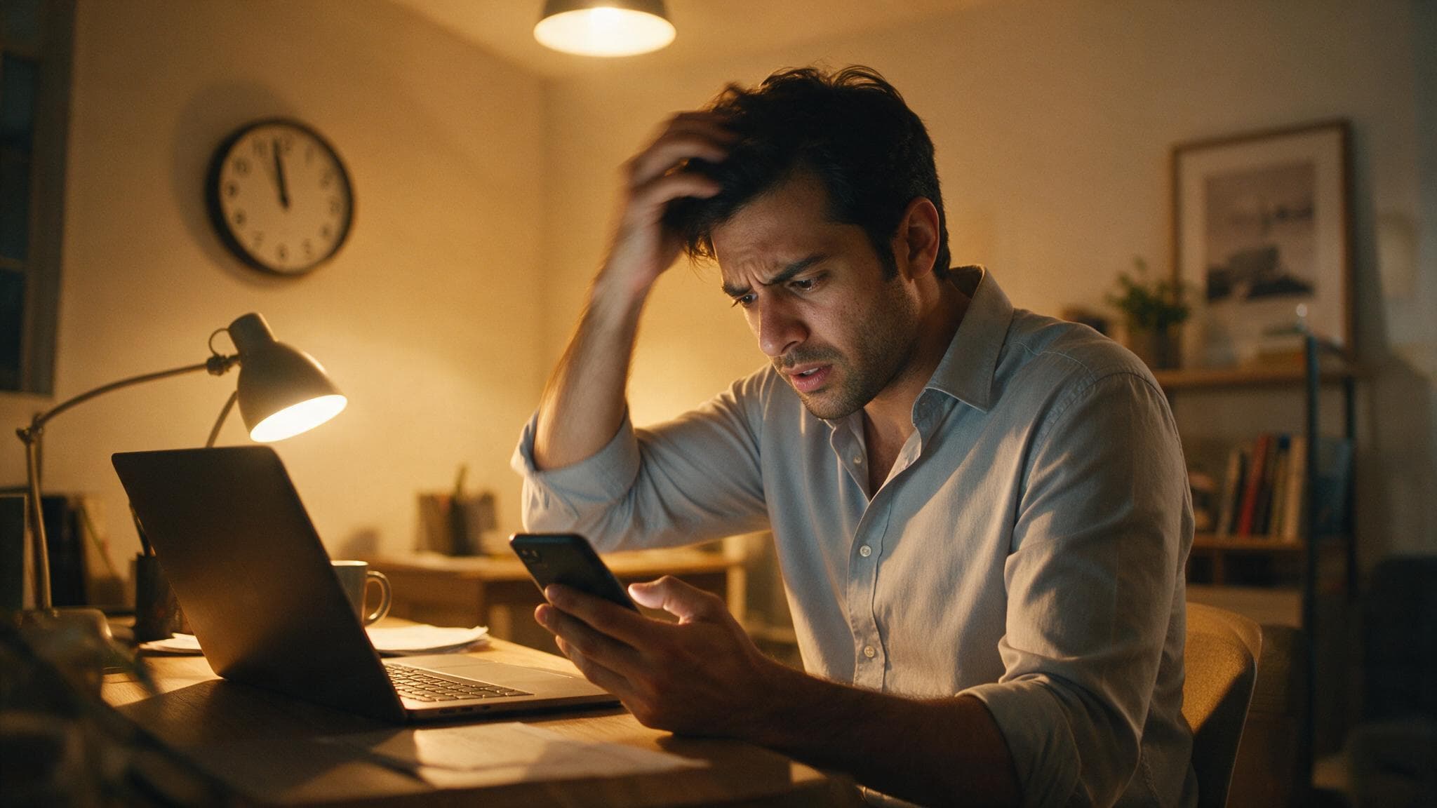 A man at a desk late at night ordering something on his phone, a wall clock near midnight behind him