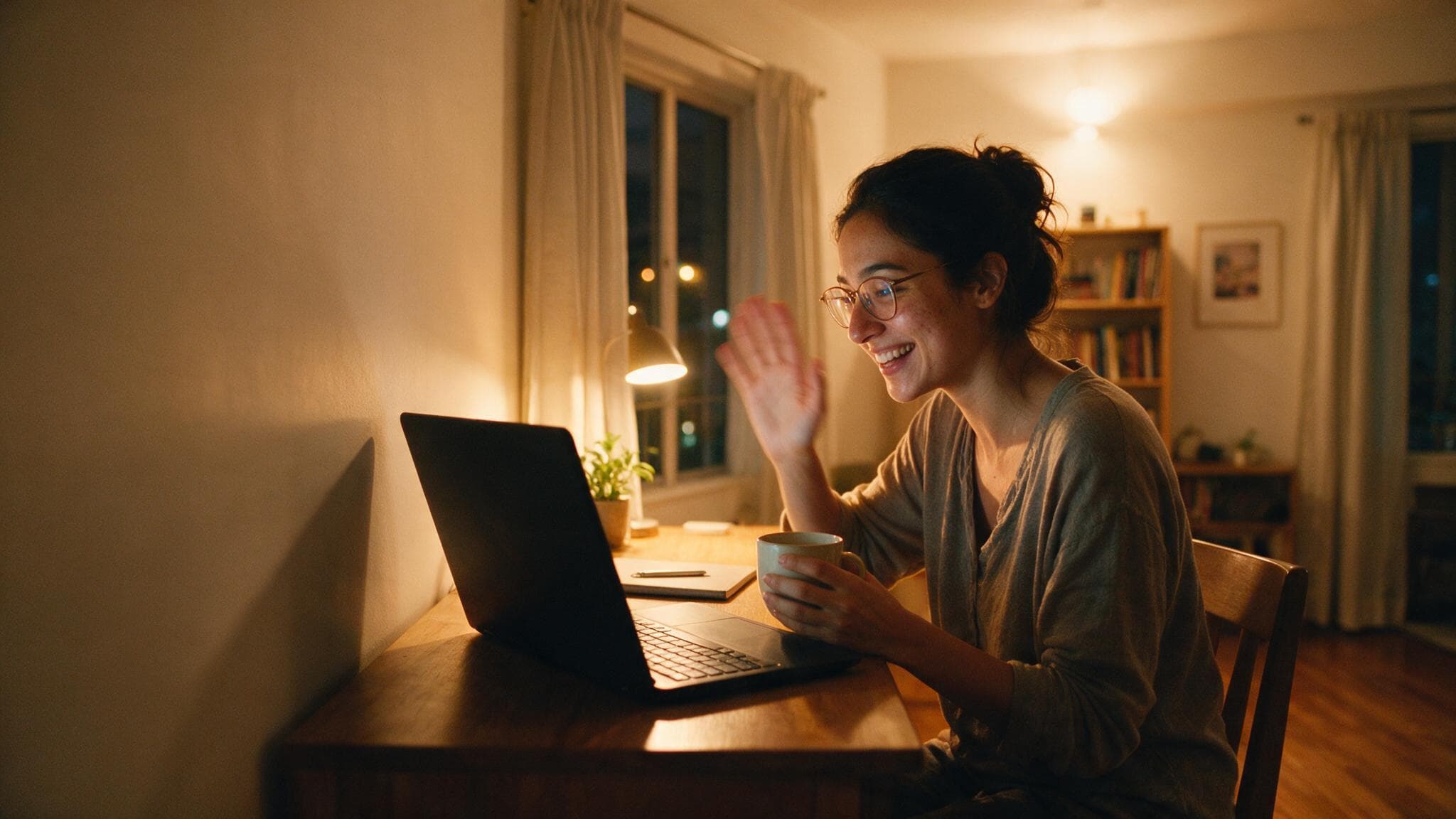 A woman waving at her laptop on a video call in a warmly lit study corner