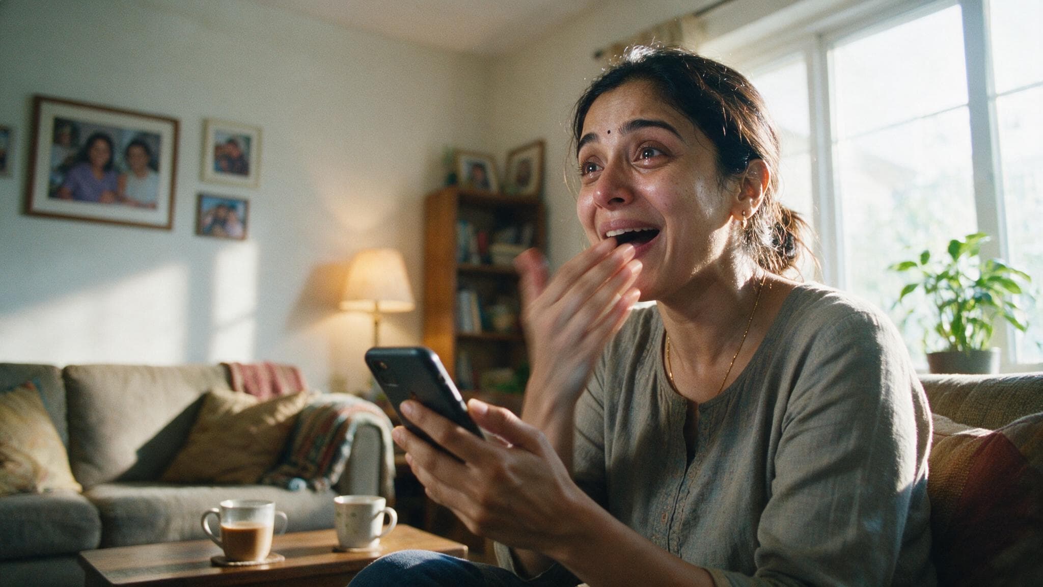 A woman on a sofa in a bright living room, hand to her mouth, overwhelmed by something on her phone