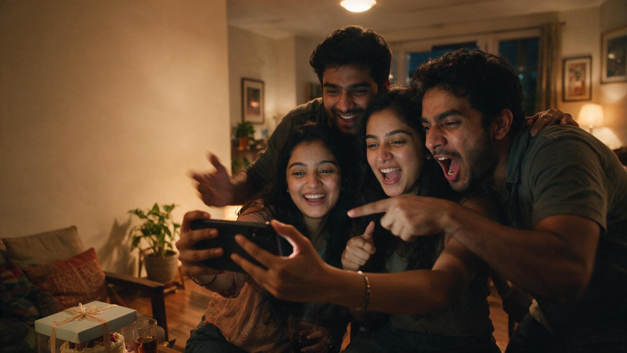 Four friends crowded around one phone in a warmly lit living room just before midnight, all laughing