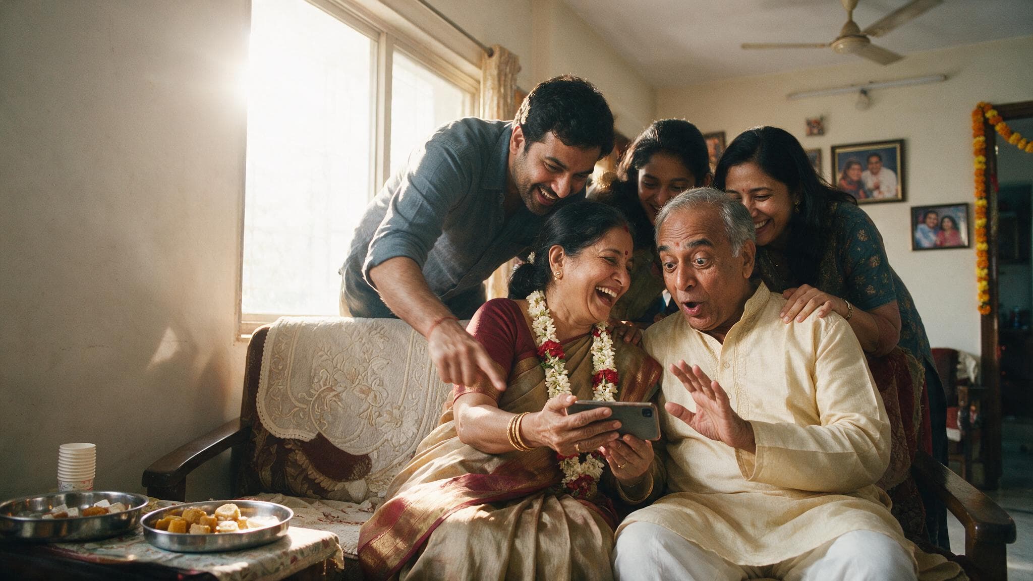An older couple on a sofa at a milestone birthday with three family members leaning in to see a phone