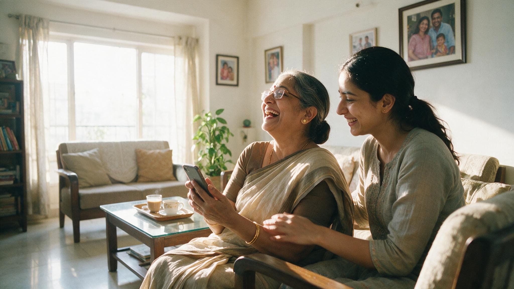 An older woman in a saree reacting to something on a phone while her adult daughter watches her face