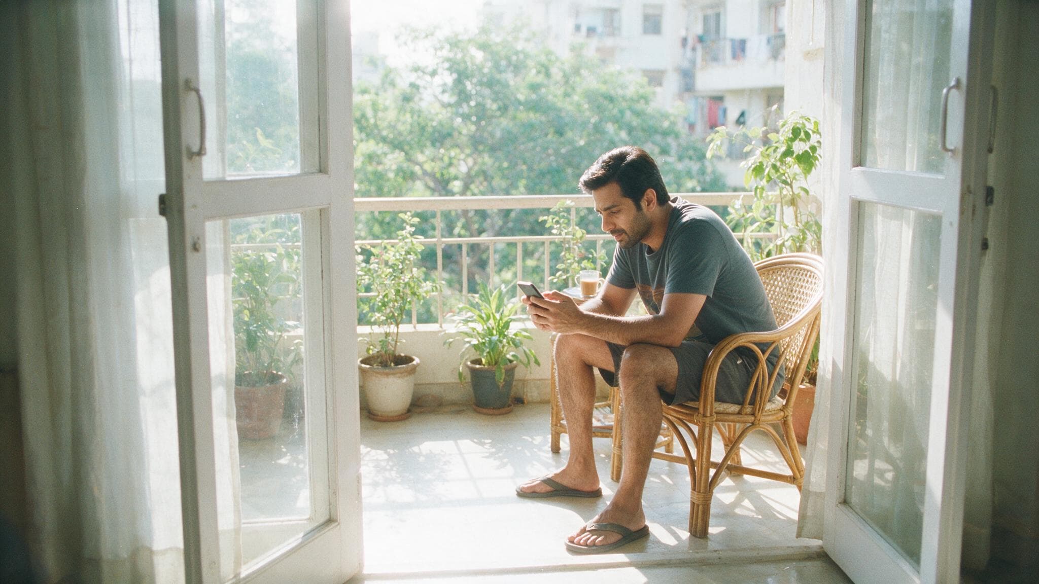 A man sitting on a sunlit balcony with his phone in both hands, thinking about what to write