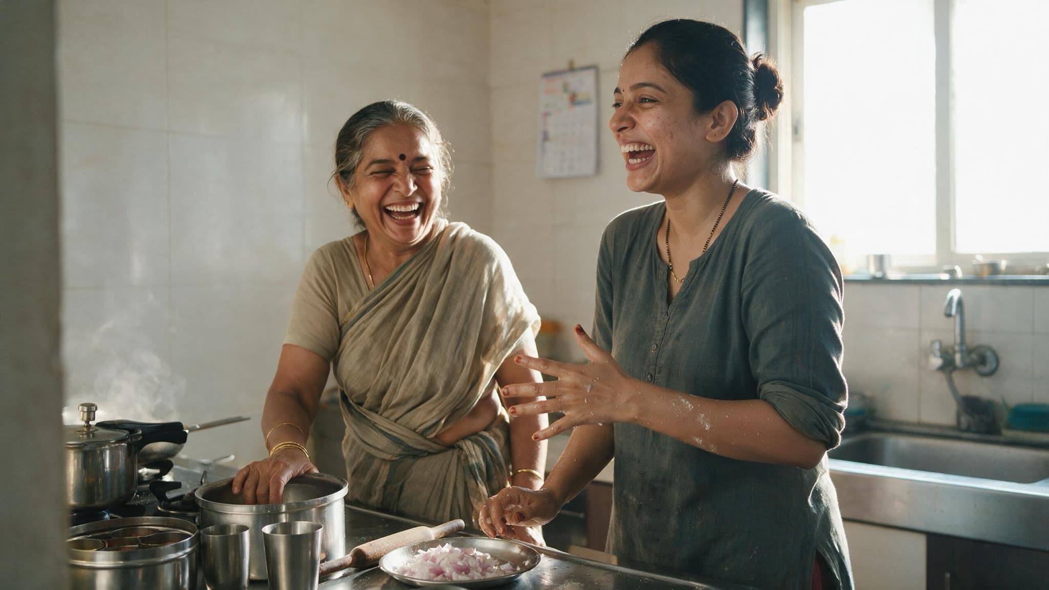 A young woman and her mother-in-law laughing together in a bright Indian kitchen