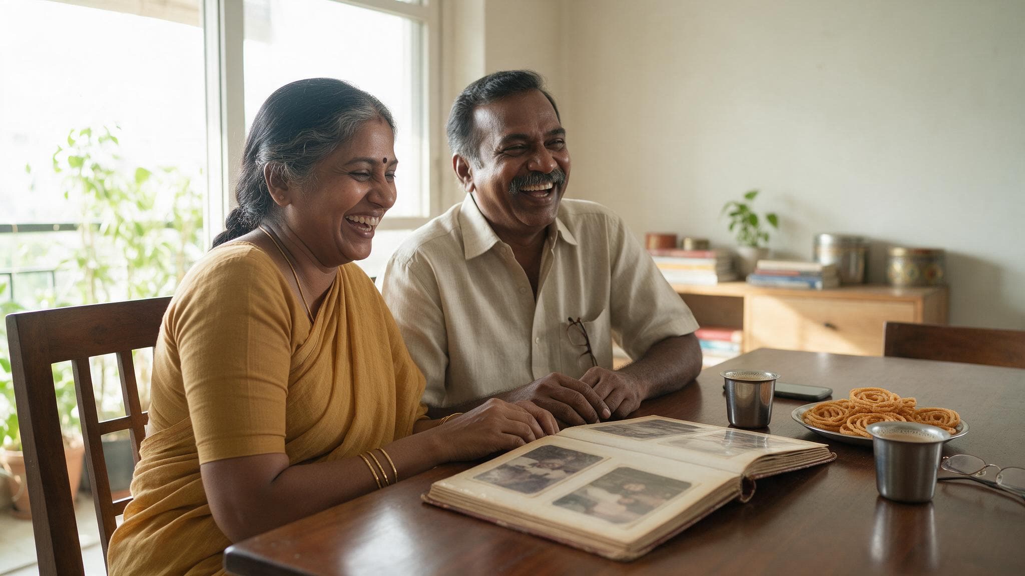 An Indian couple in their fifties sitting together at home, laughing at something off camera