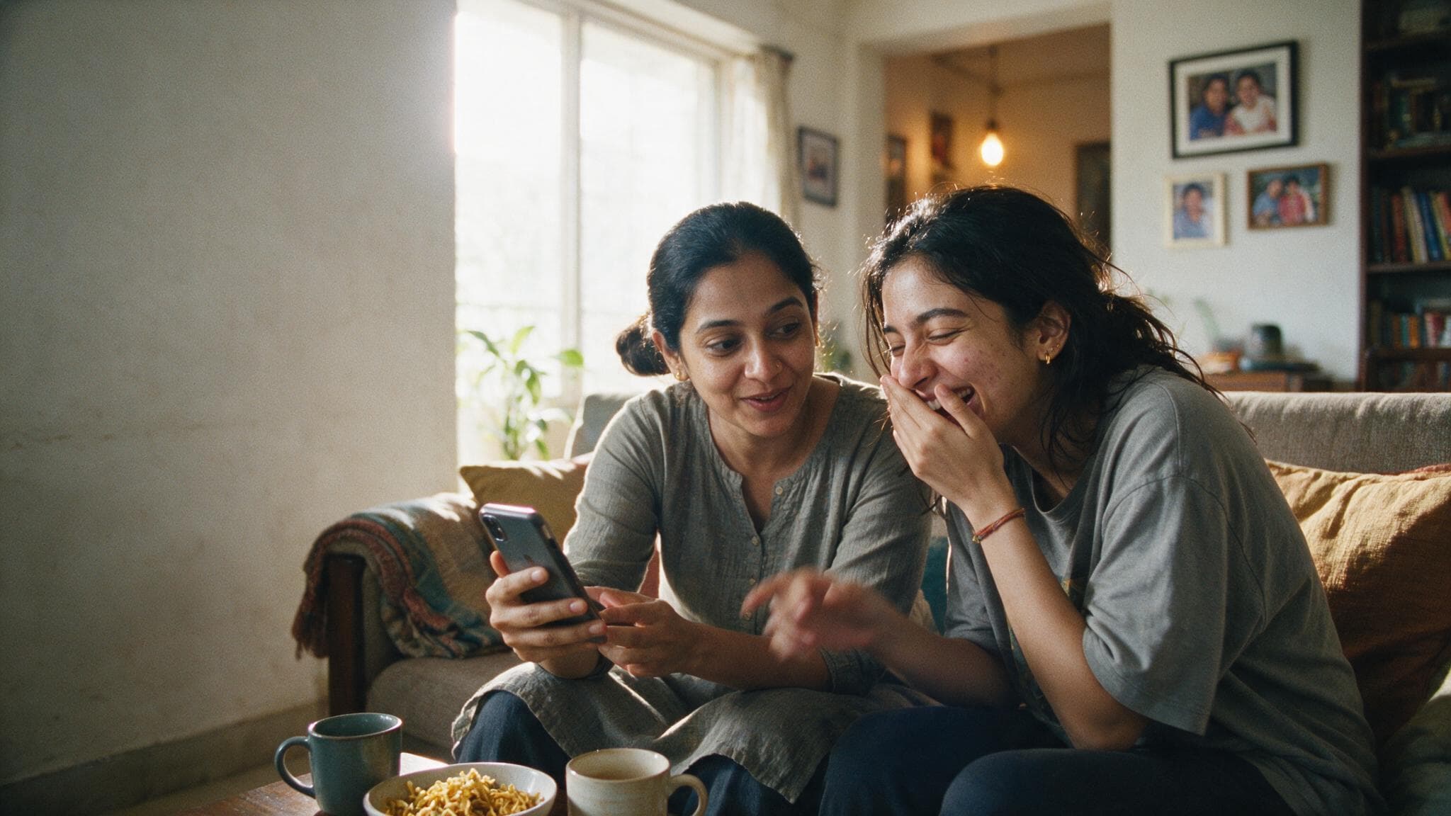Two sisters on a sofa in a bright living room, one showing the other something on her phone while she laughs