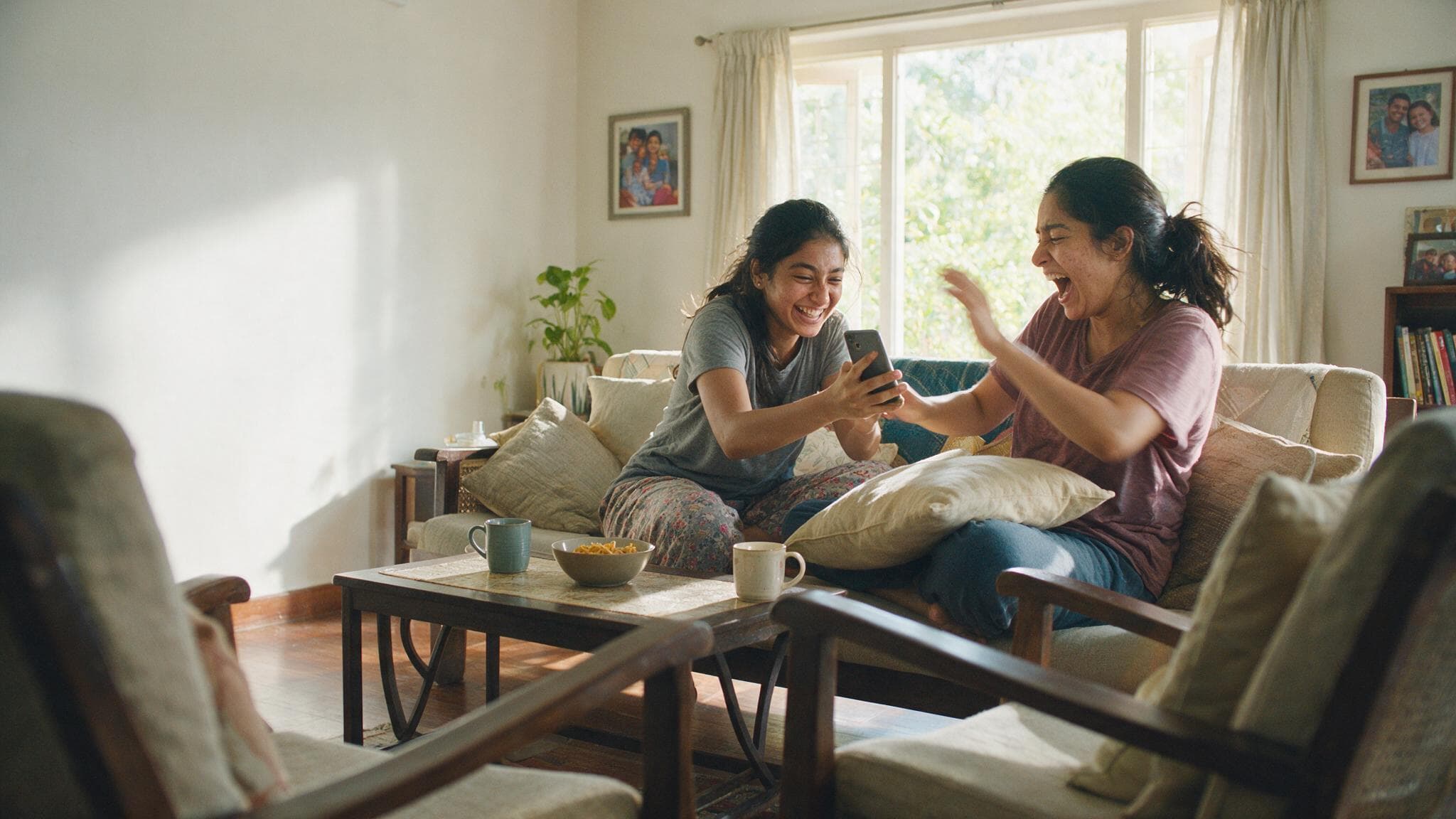 Two sisters on a sofa, one showing the other something on her phone with a wicked grin